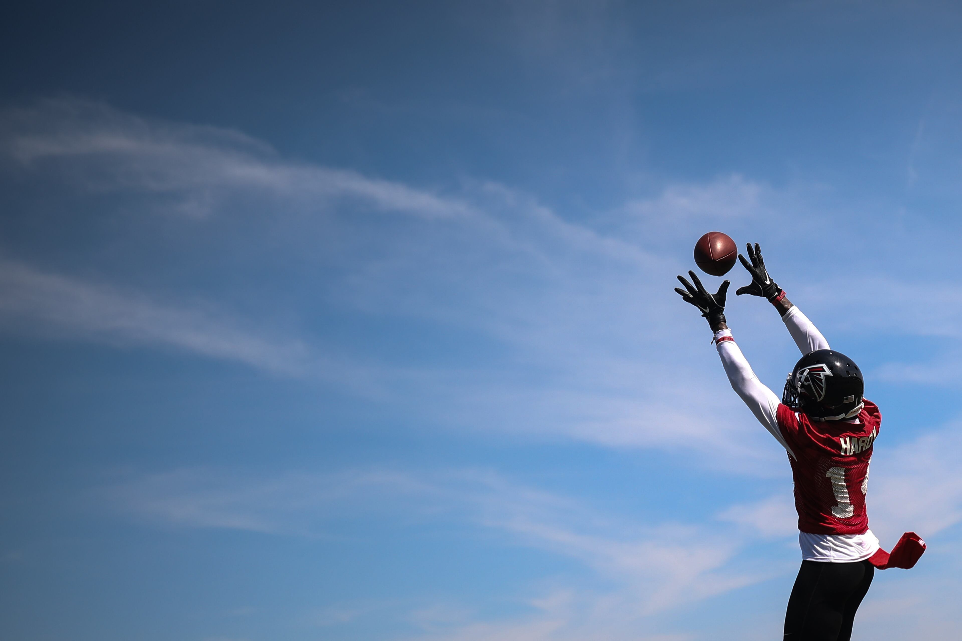 Atlanta Falcons wide receiver Justin Hardy (14) makes a catch during training camp, Saturday, July 28, 2018, in Flowery Branch, Ga. BRANDEN CAMP/SPECIAL