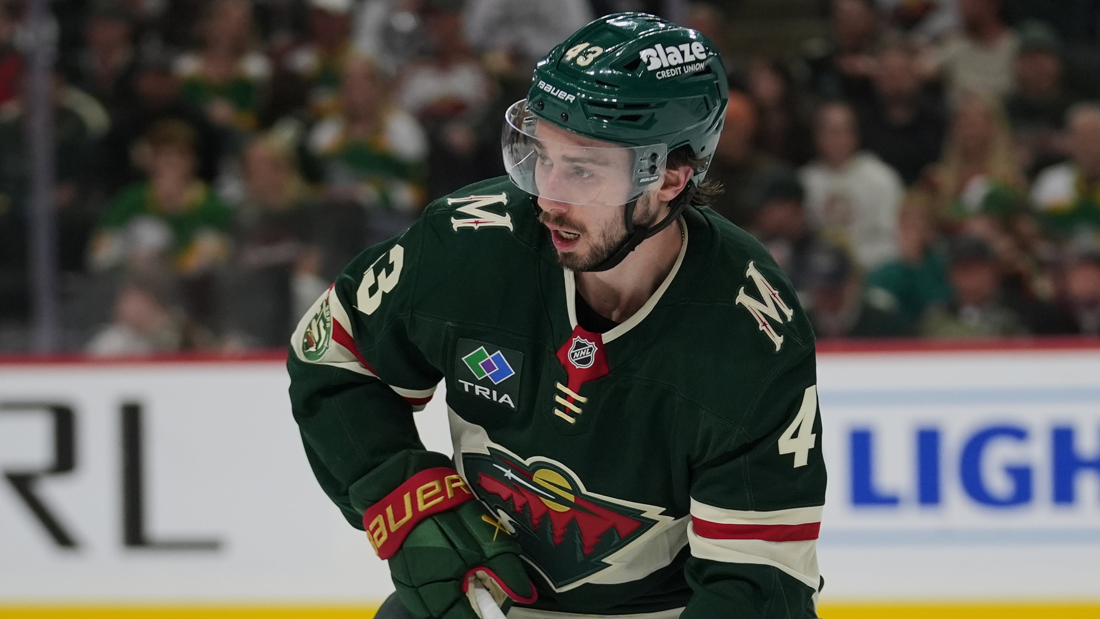 FILE - Minnesota Wild defenseman Quinn Hughes (43) skates with the puck during the second period of Game 3 of an NHL Stanley Cup hockey second-round playoff series against the Colorado Avalanche Saturday, May 9, 2026, in St. Paul, Minn. (AP Photo/Abbie Parr, File)