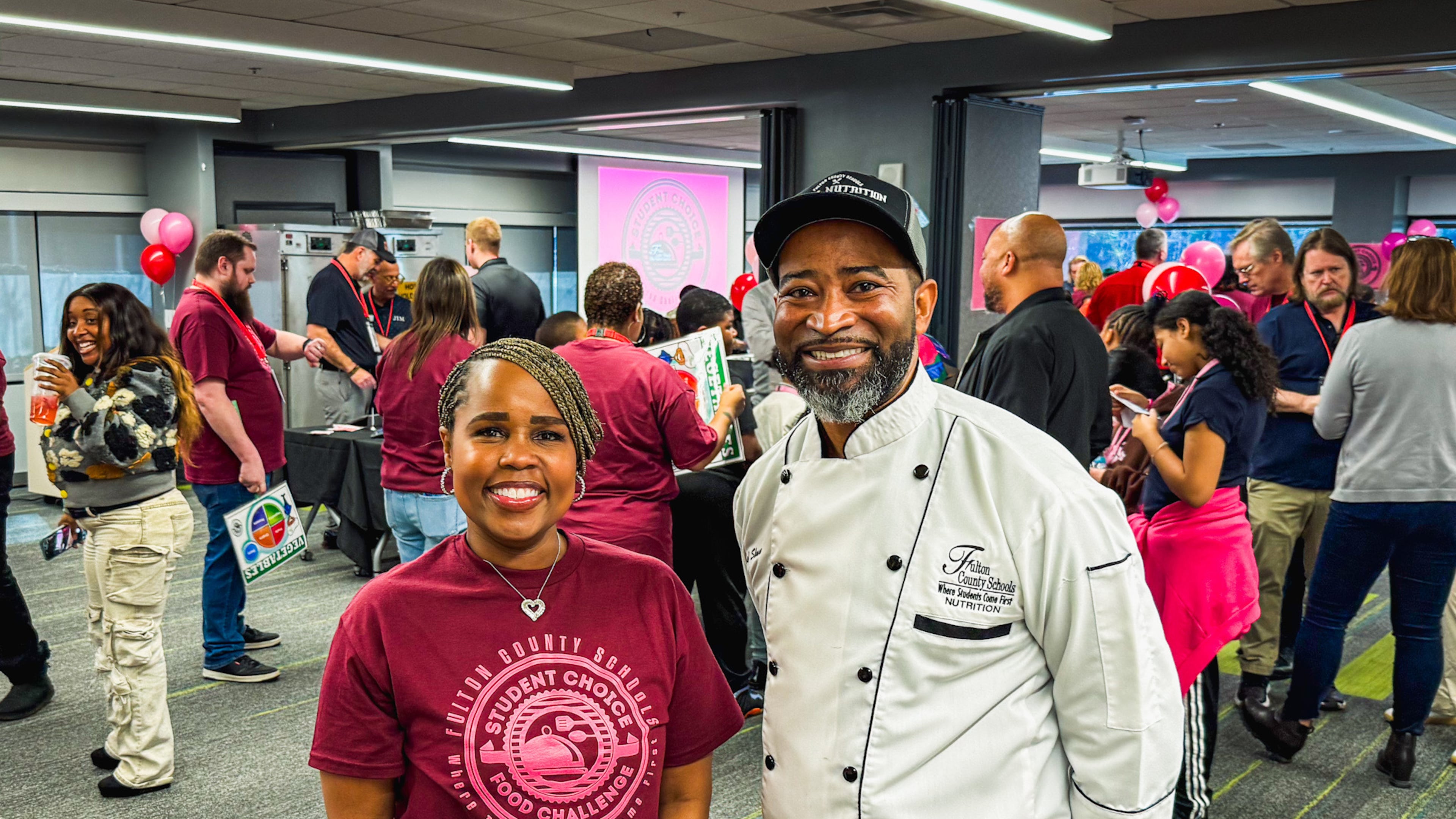 Alyssia Wright (left), executive director of school nutrition for Fulton County Schools, and chef Reggie Sloan, who develops the school system's recipes, were in attendance Friday, Feb. 13, 2026, at the Student Choice Food Challenge at the Fulton County Schools administrative building. (Henri Hollis/AJC)