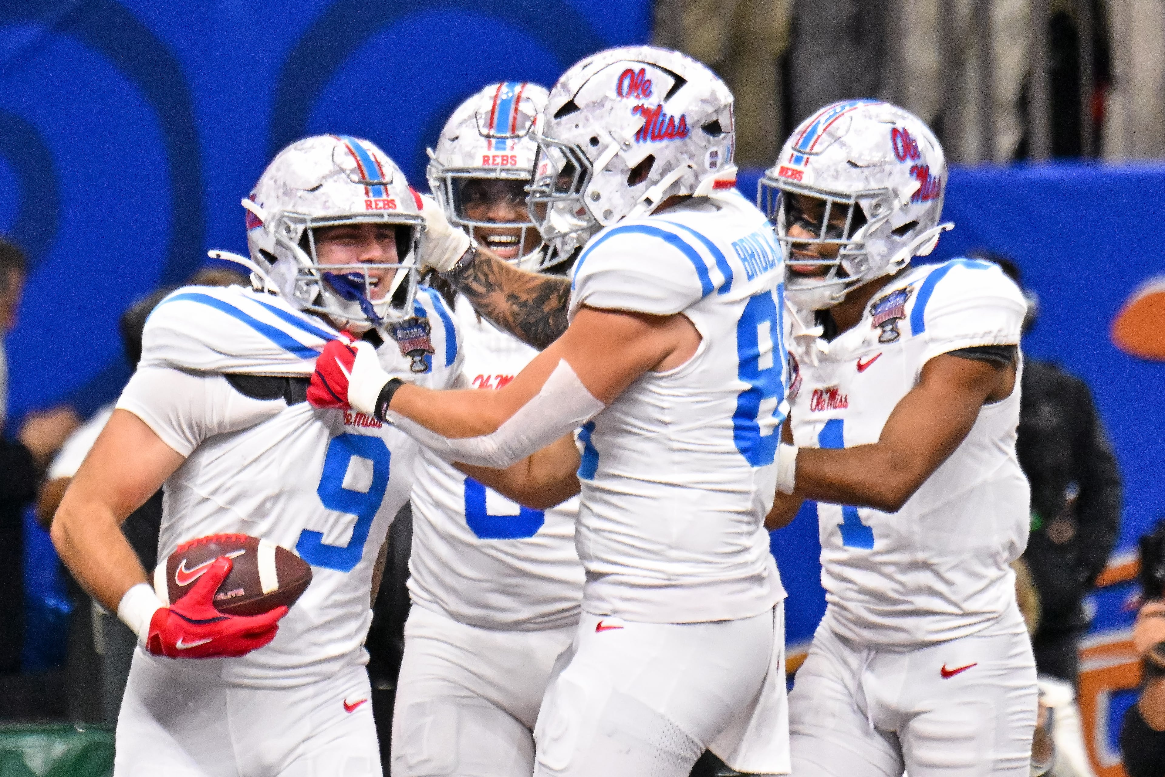 Ole Miss Rebels tight end Luke Hasz (9) celebrates a touchdown pass against the Georgia Bulldogs during the second quarter of the NCAA College Football Playoff quarterfinal game at the Sugar Bowl in the Caesars Superdome, Thursday, Jan. 1, 2026, in New Orleans. (Hyosub/AJC)