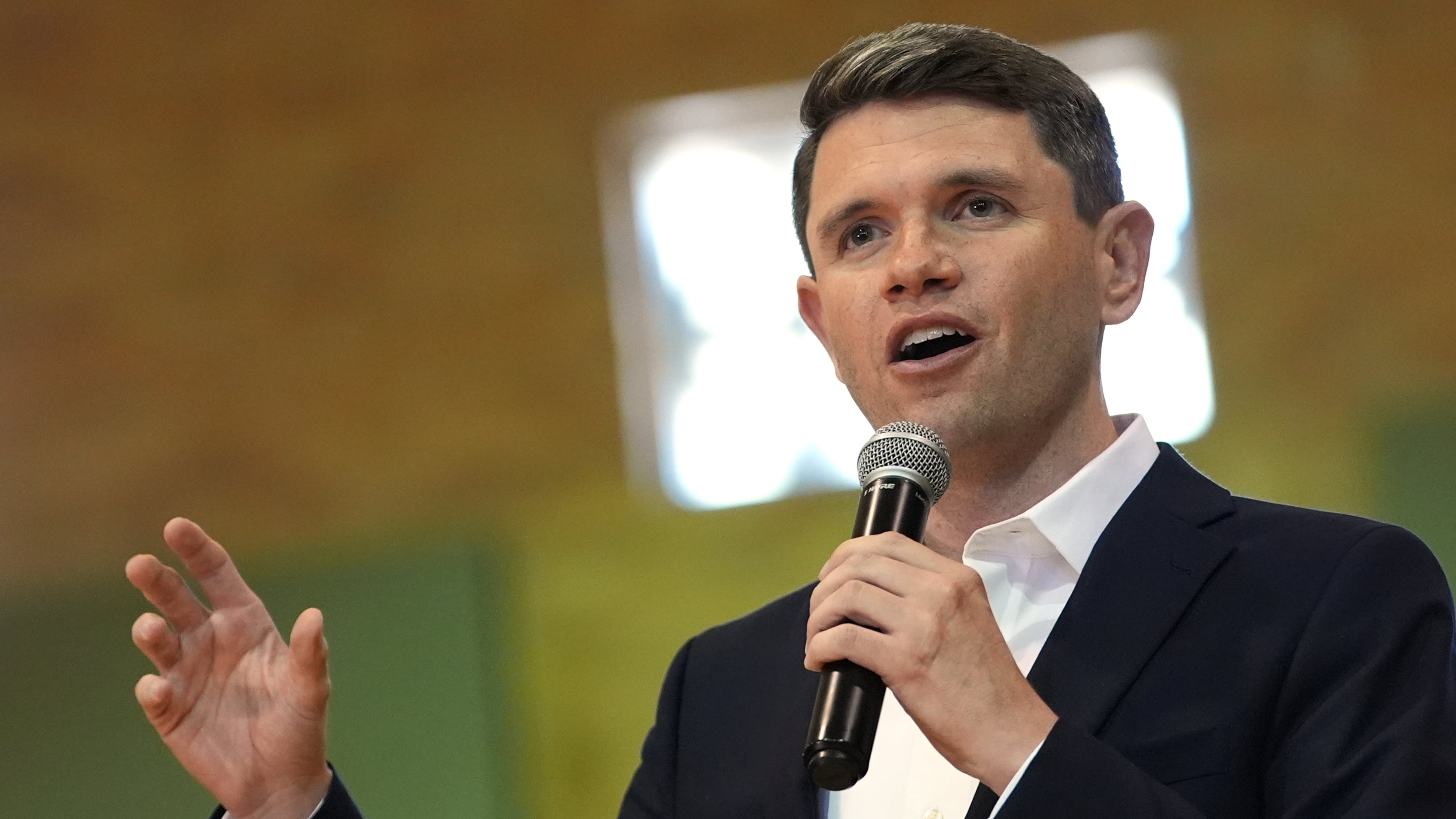 Democratic U.S. Senate candidate Texas state Rep. James Talarico speaks at a food drive at the Frederick Douglass Human Services and Justice Center, Wednesday, Sept. 9, 2026, in Dallas. (AP Photo/Julia Demaree Nikhinson)