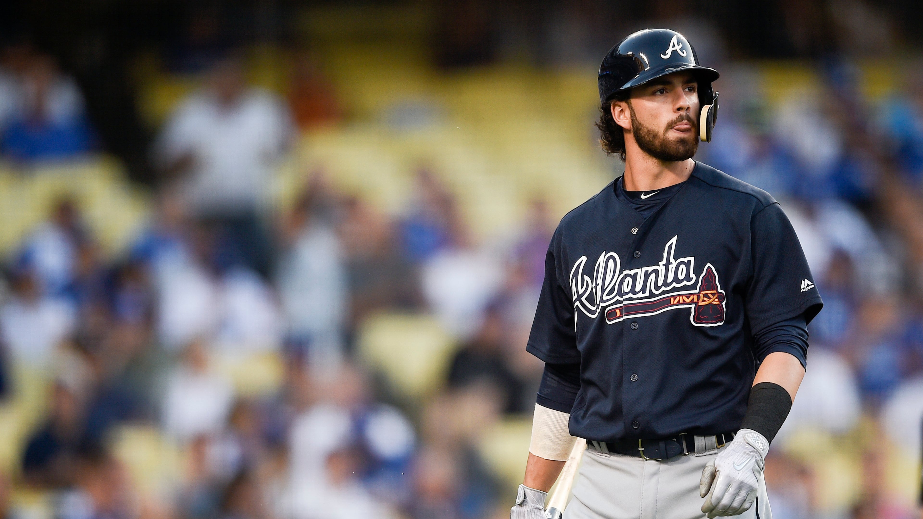 Atlanta Braves' Dansby Swanson in action during the second inning of a baseball game against the Los Angeles Dodgers in Los Angeles, Friday, July 21, 2017. (AP Photo/Kelvin Kuo)