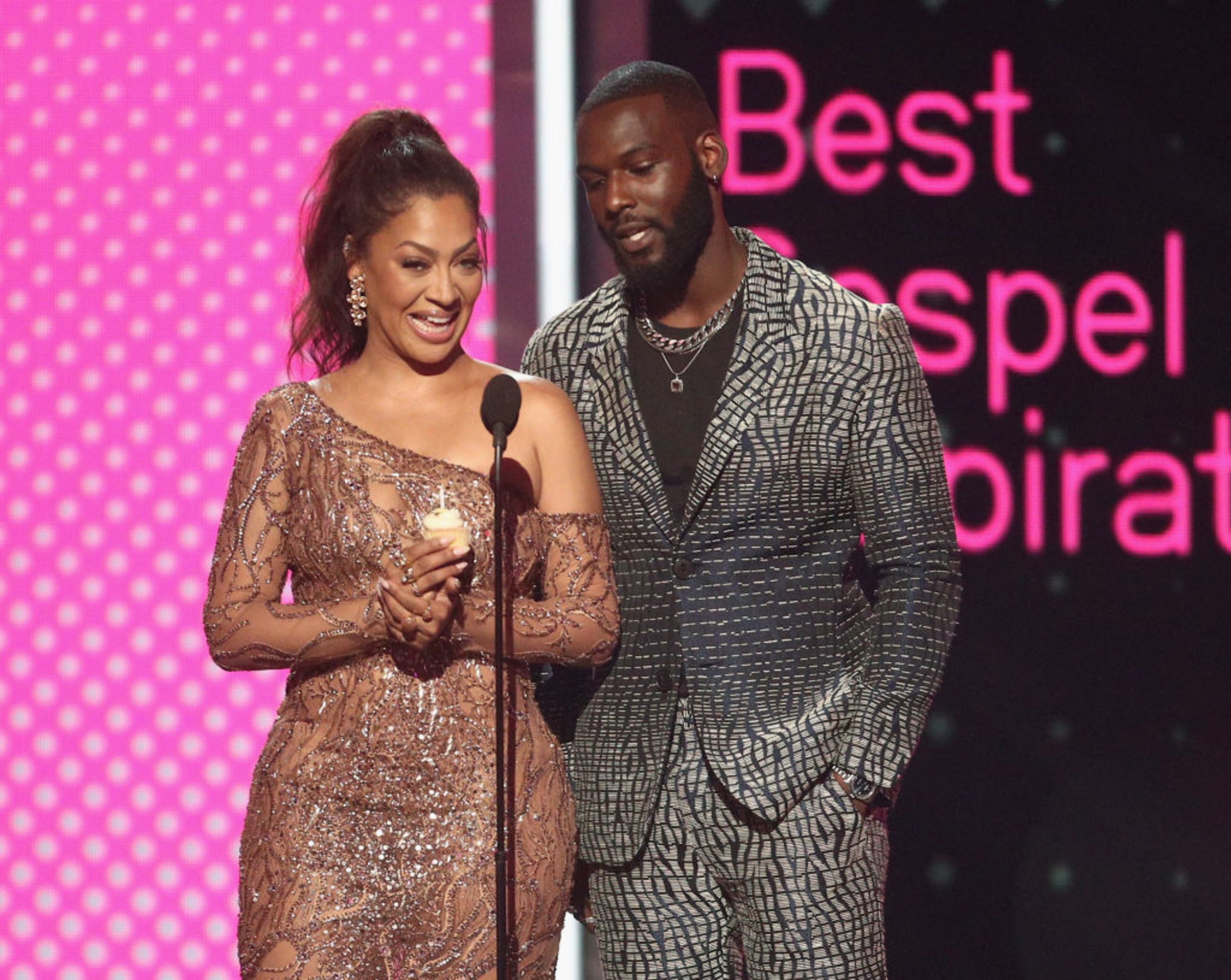 LOS ANGELES, CA - JUNE 25: La La Anthony (L) and Kofi Siriboe speak onstage at 2017 BET Awards at Microsoft Theater on June 25, 2017 in Los Angeles, California. (Photo by Frederick M. Brown/Getty Images )