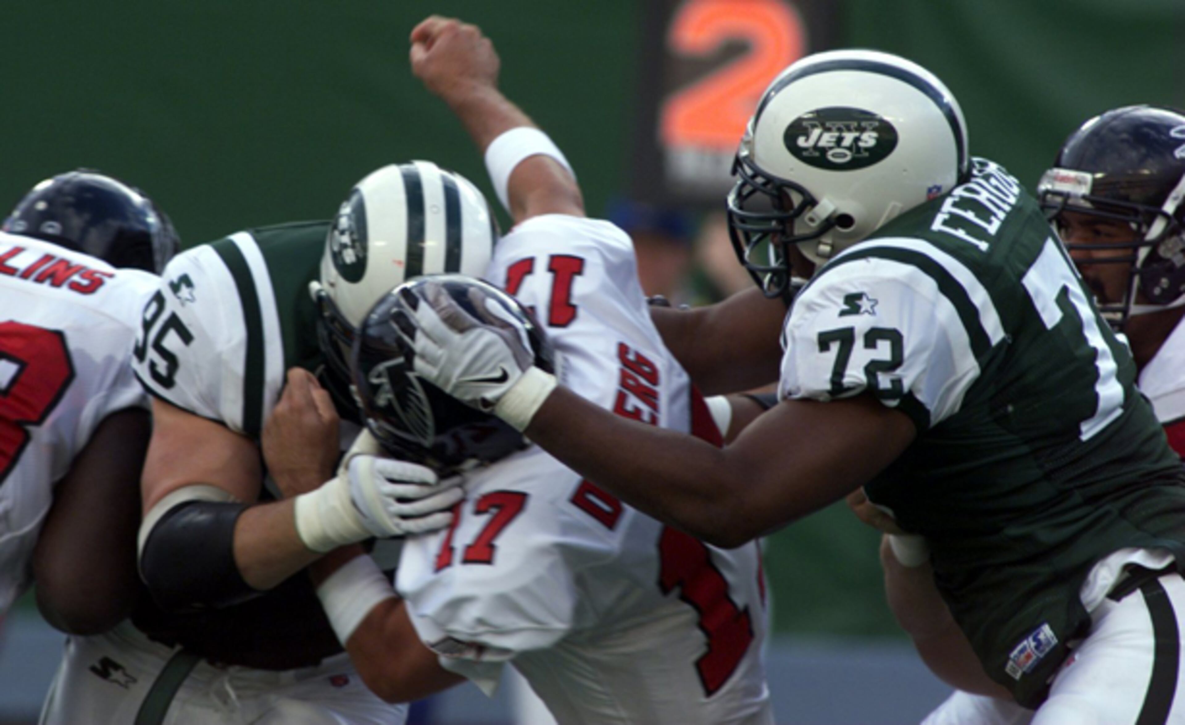 The Falcons returned to the Meadowlands for a second time in the season, this time to face the Jets. With starting quarterback Chris Chandler sidelined with an injury suffered the previous week at New Orleans, the Falcons offense struggled. Jamal Anderson was held to just 46 yards rushing as Atlanta suffered its second loss of the season in New York.