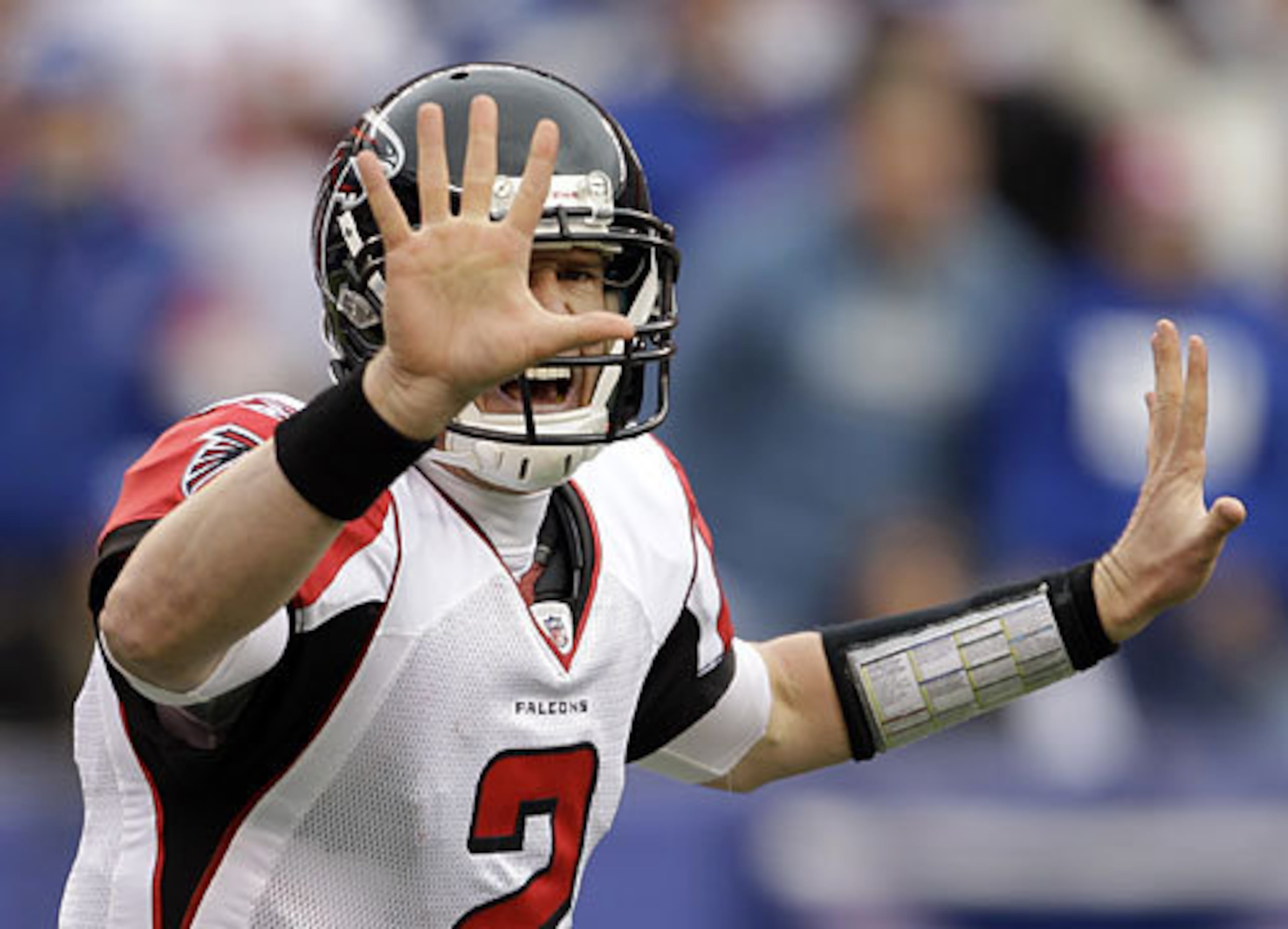 Falcons quarterback Matt Ryan calls a play at the line of scrimmage. Atlanta lost 24-2 to the Giants in the NFC Wild Card playoffs Sunday, Jan. 8, 2012.