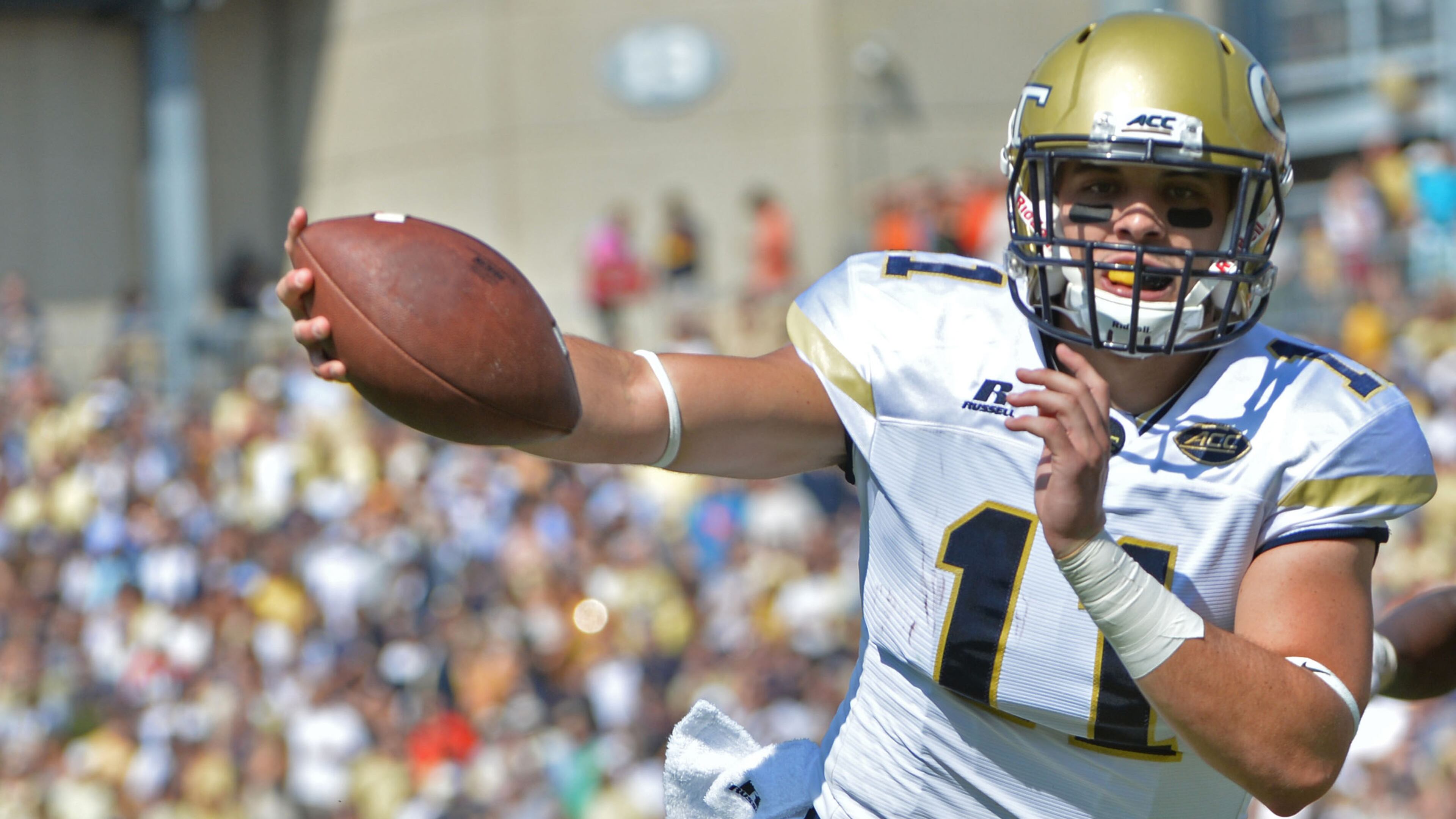 September 10, 2016 Atlanta - Georgia Tech Yellow Jackets quarterback Matthew Jordan (11) holds a football as he scores a touchdown in the first half at Bobby Dodd Stadium on Saturday, September 10, 2016. HYOSUB SHIN / HSHIN@AJC.COM