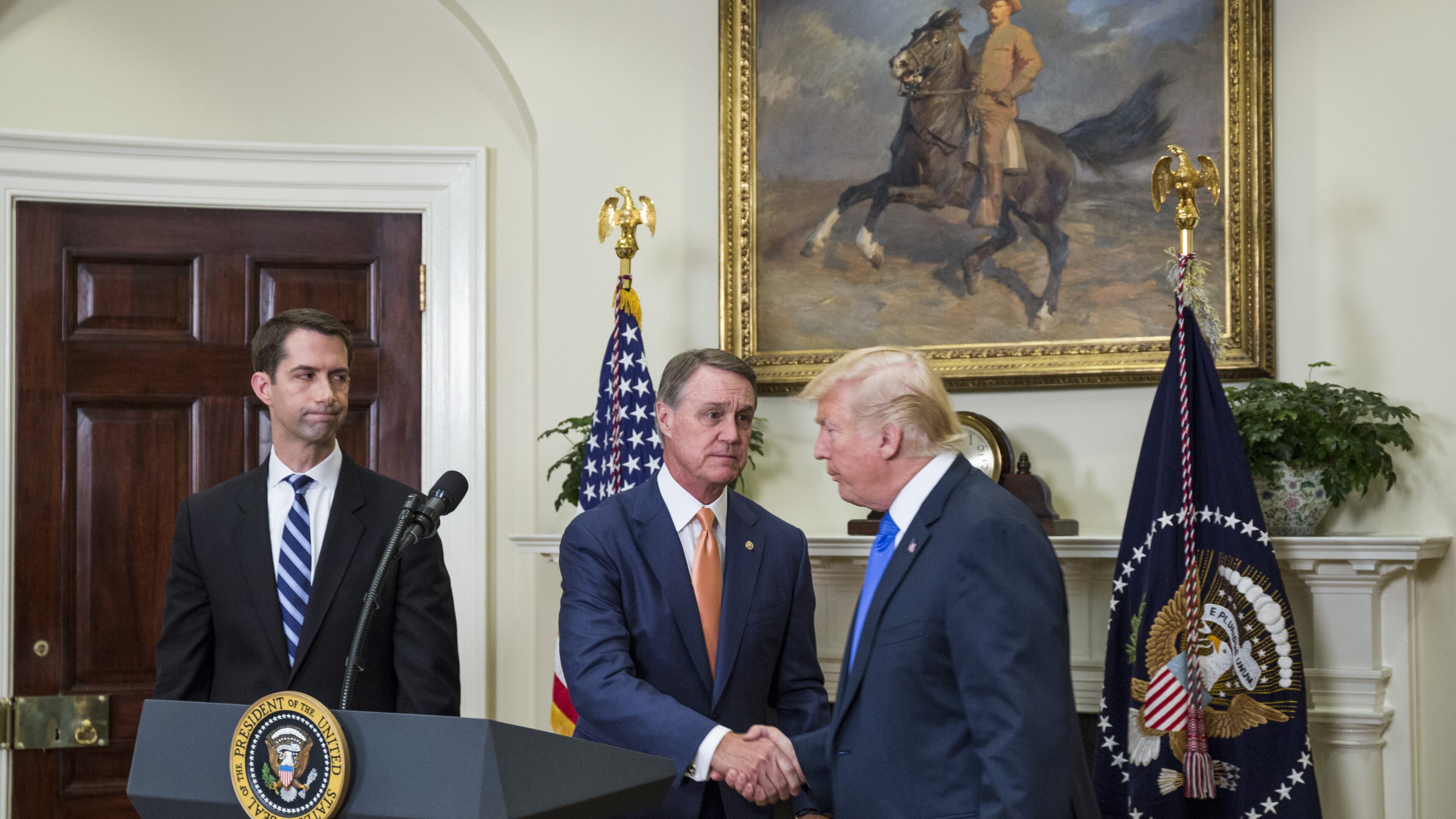 President Donald Trump shakes hands with Sen. David Perdue (R-GA) during an announcement about an immigration bill in August. (Photo by Zach Gibson - Pool/Getty Images)