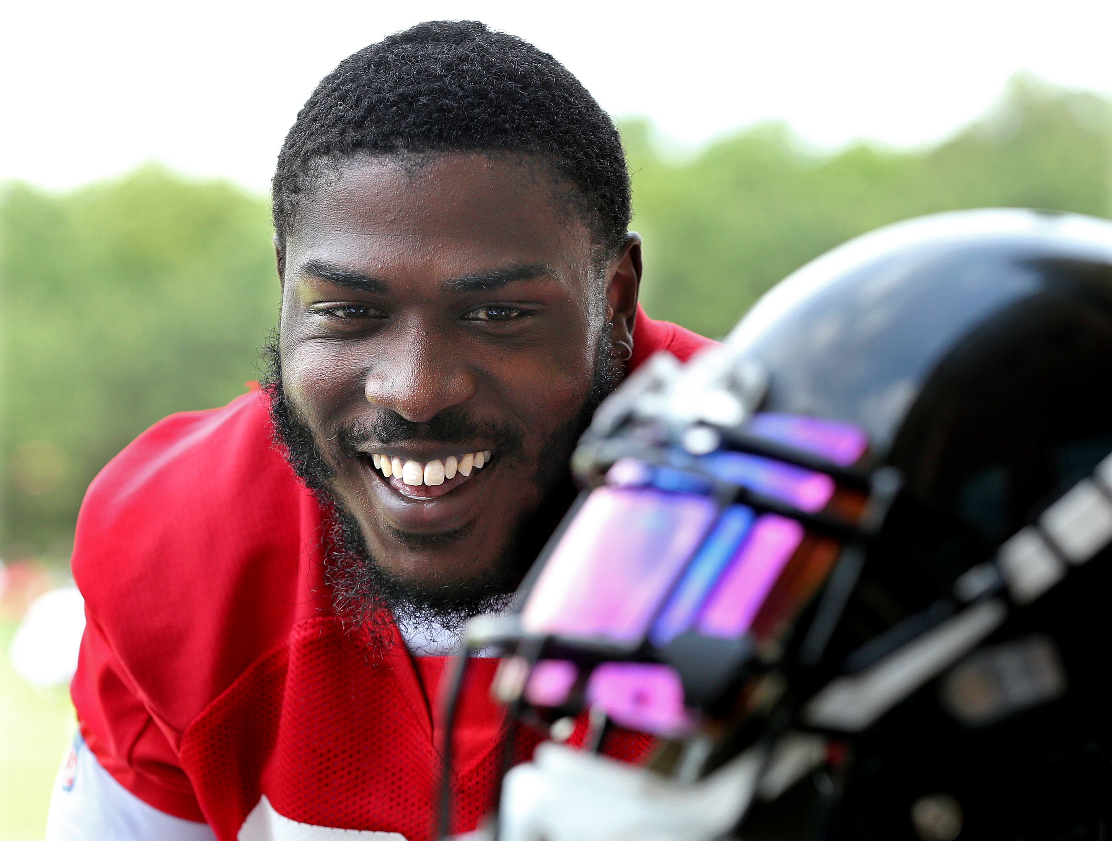 May 30, 2018 Flowery Branch: Atlanta Falcons running back Tevin Coleman is all smiles during an interview after organized team activity on Wednesday, May 30, 2018, in Flowery Branch. Curtis Compton/ccompton@ajc.com