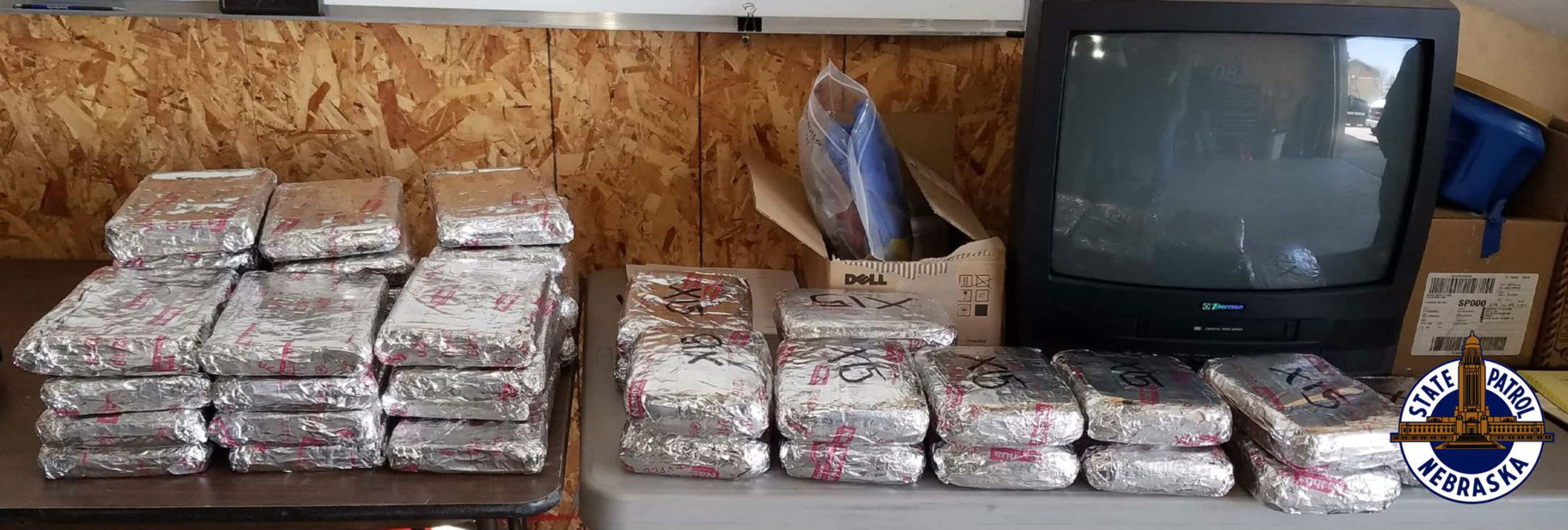 Pictured are the 42 foil-wrapped packages of fentanyl that were found in a tractor-trailer during an April 26, 2018, traffic stop near Kearney, Nebraska. Troopers with the Nebraska State Patrol said the packages contained 118 pounds of the powerful narcotic, which, according to the DEA, is enough to kill more than 26 million people.
