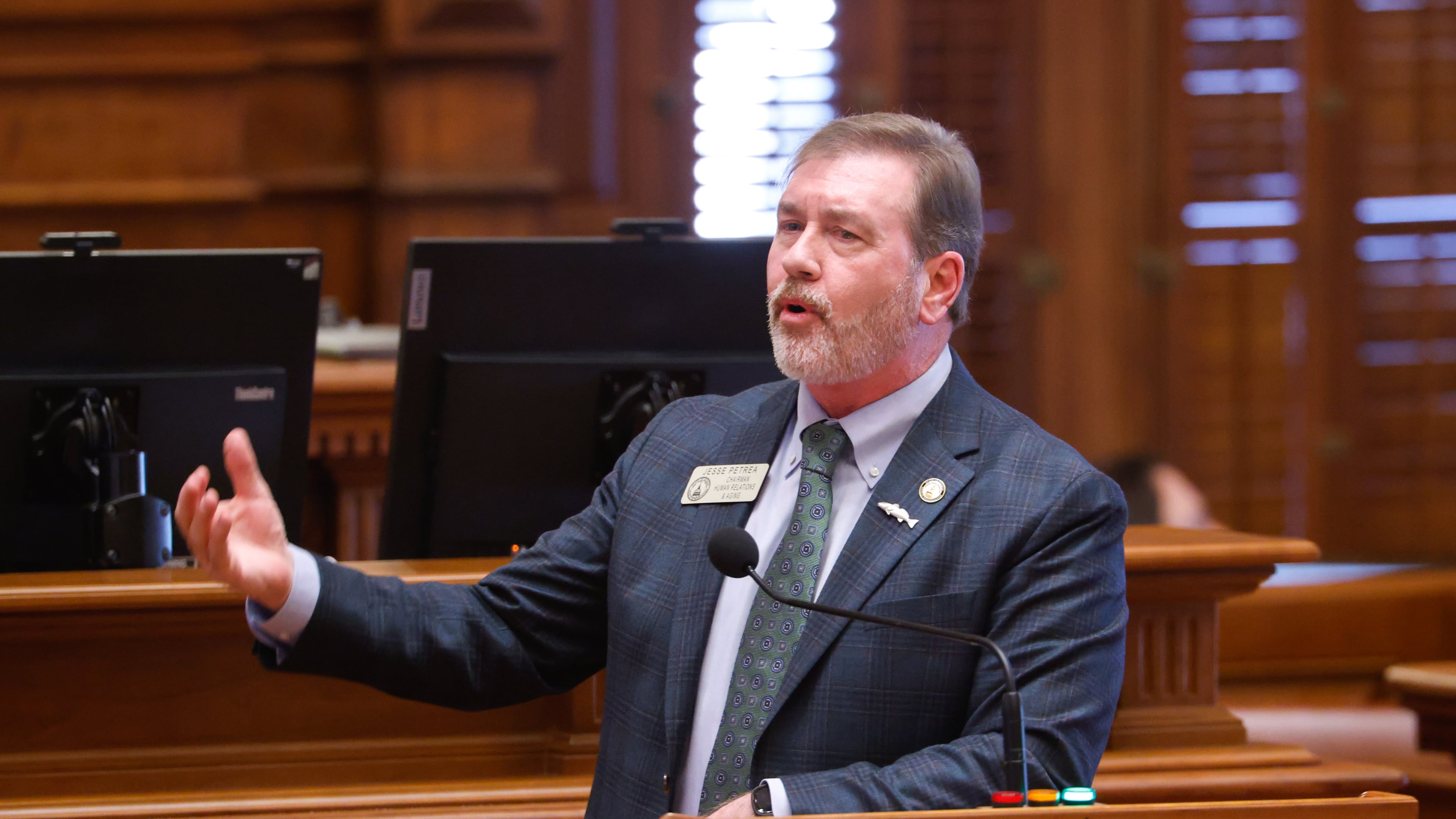 State Rep. Jesse Petrea, R-Savannah, speaks in favor of HB 295 in the House of Representatives at the Capitol in Atlanta on Wednesday, March 4, 2026. The bill allows businesses to sue for loss of property if cities don't enforce homelessness and immigration policies. (Arvin Temkar/AJC)