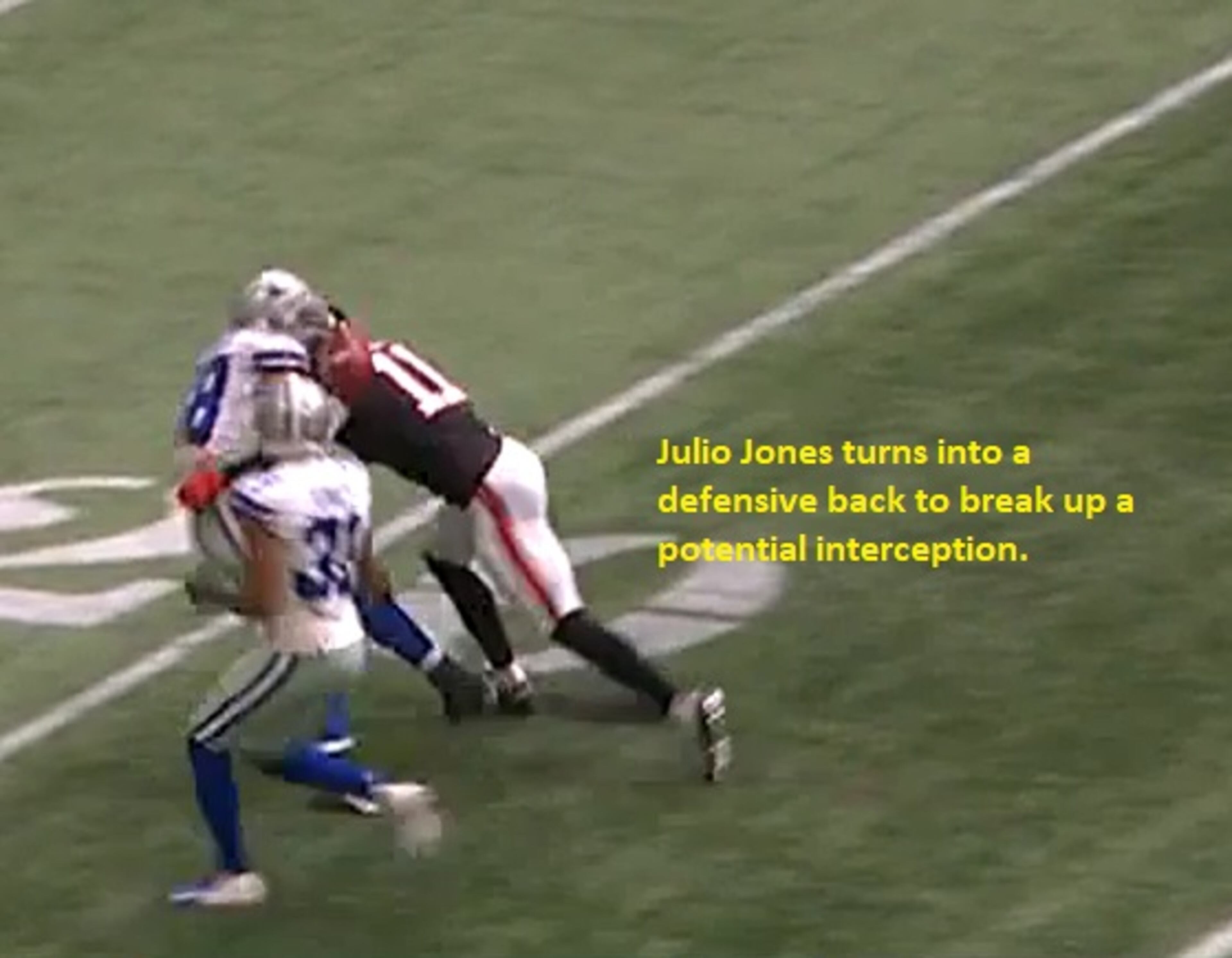 Julio Jones playing defensive back right here to break up the potential interception.