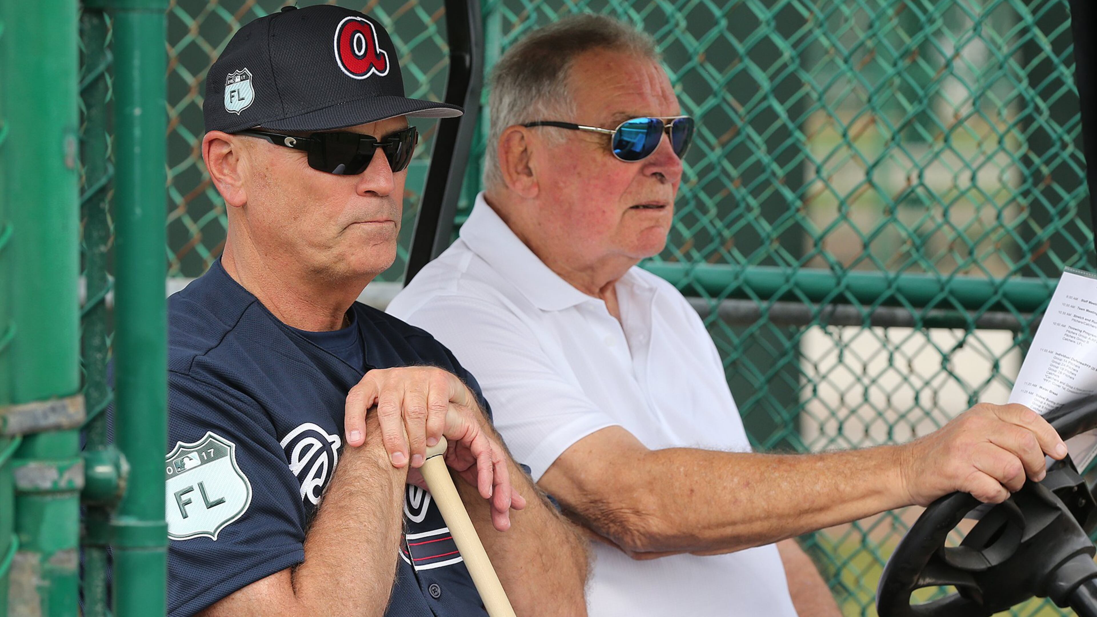 Braves manager Brian Snitker and legendary former manager Bobby Cox watch over a recent spring-training workout at ESPN Wide World of Sports in Lake Buena Vista, Fla. (Curtis Compton/ccompton@ajc.com)