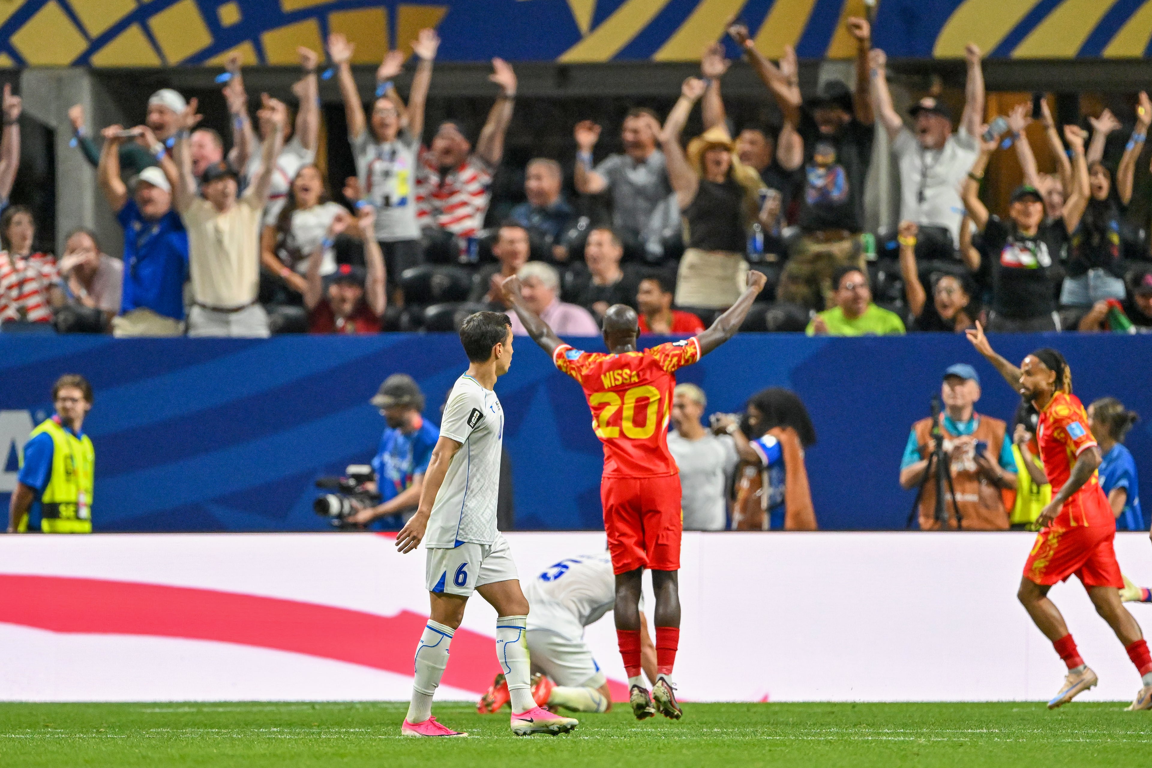Congo forward Yoane Wissa (second from right) reacts after a goal against Uzbekistan seals the game at 3-1 during the second half of a FIFA World Cup match at Atlanta Stadium (Mercedes-Benz Stadium) on Saturday, June 27, 2026, in Atlanta. (Hyosub Shin/AJC)