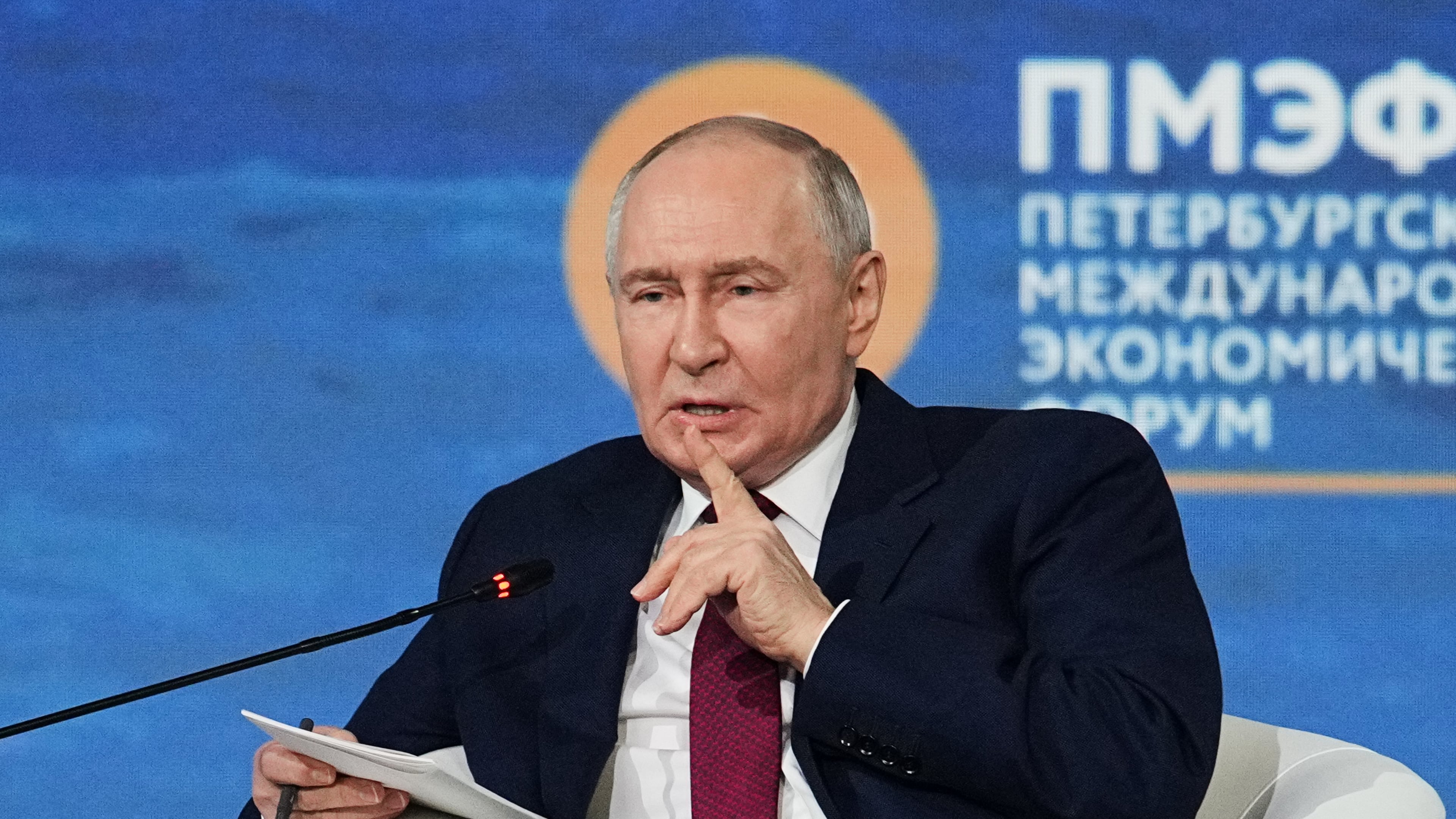 Russian President Vladimir Putin gestures speaking at a plenary session at the St. Petersburg International Economic Forum in St. Petersburg, Russia, on Friday, June 5, 2026. (AP Photo/Dmitri Lovetsky)