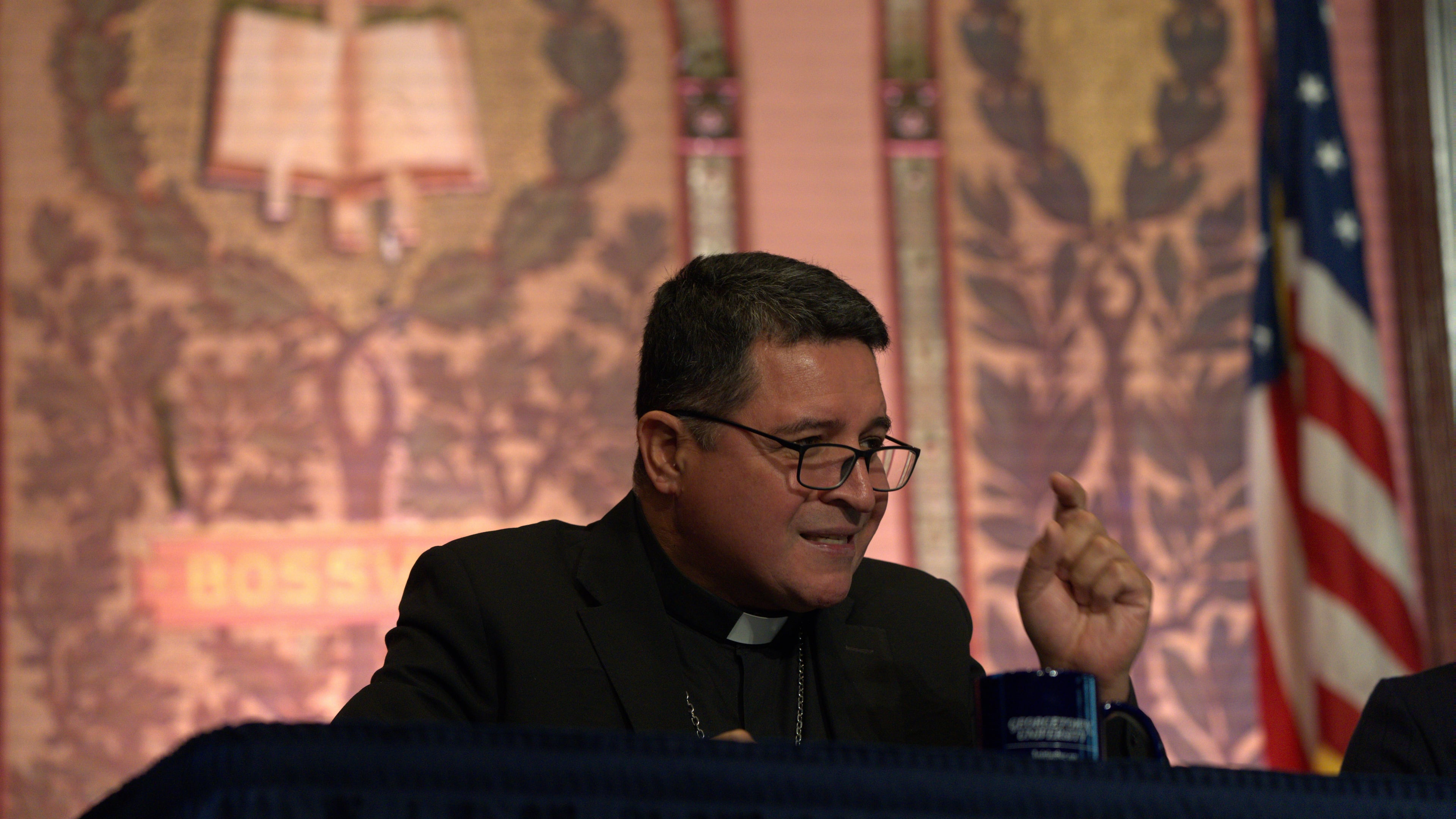 Auxiliary Bishop Evelio Menjivar-Ayala speaks on a panel about immigration at Georgetown University in Washington, Thursday, Sept. 11, 2025. (AP Photo/Luis Andres Henao)