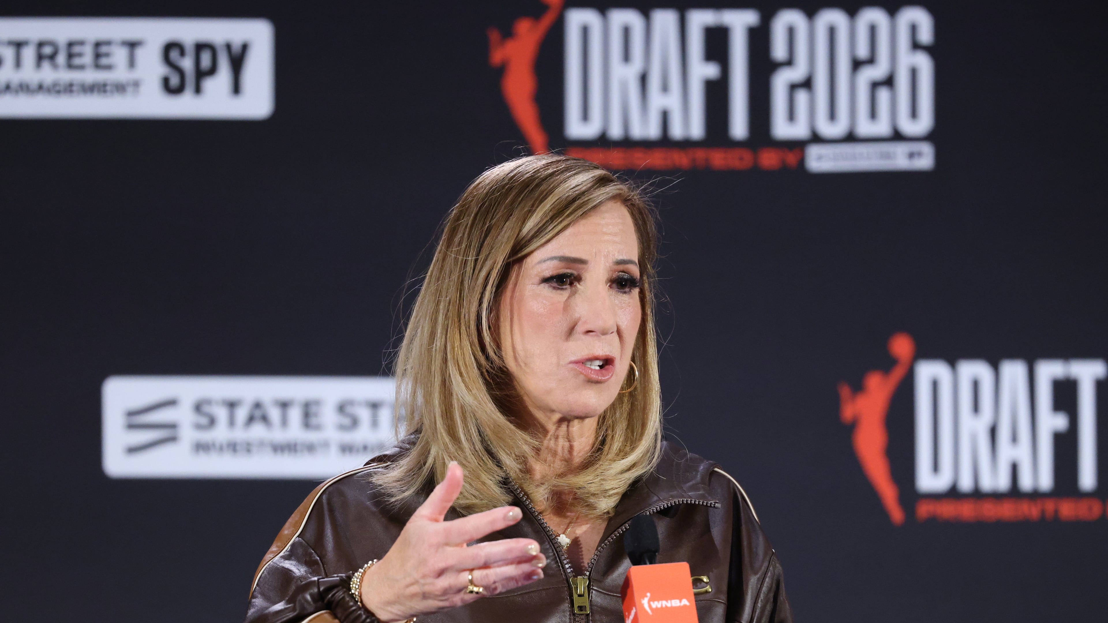 FILE - WNBA commissioner Cathy Engelbert speaks before the WNBA basketball draft, on April 13, 2026, in New York. (AP Photo/Pamela Smith, File)