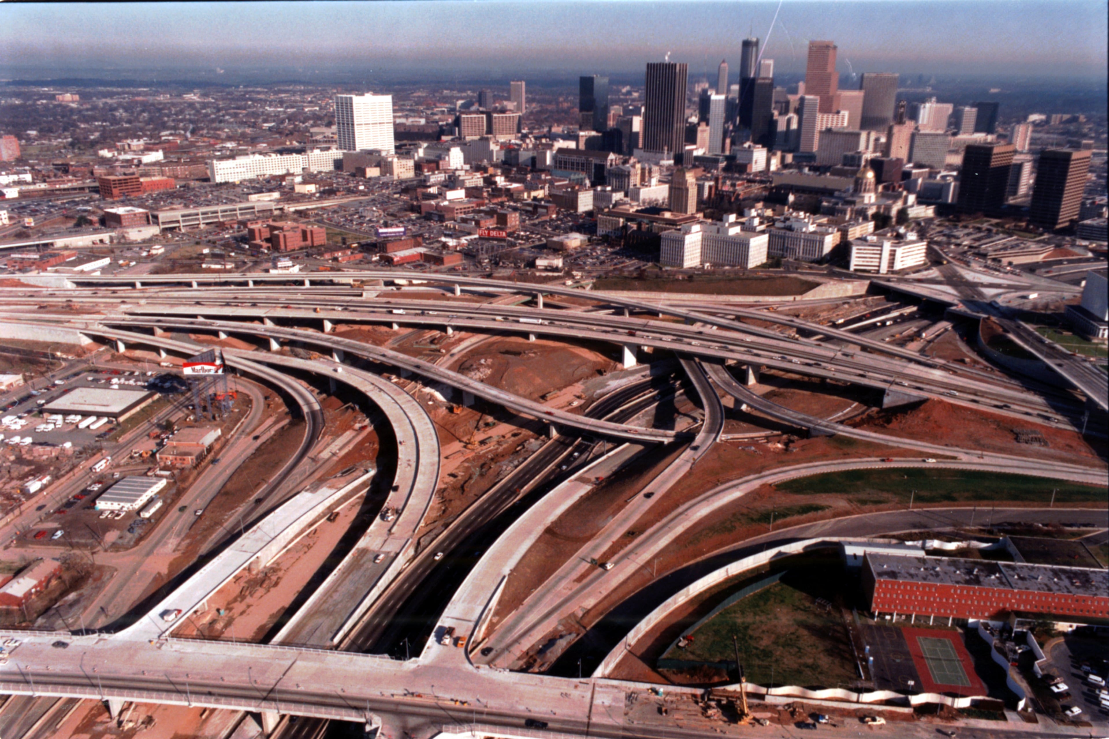 Feb. 8, 1989 - Atlanta, Ga.: Aerial of southside of Atlanta showing I-75, I-85 and I-20 interchanges.