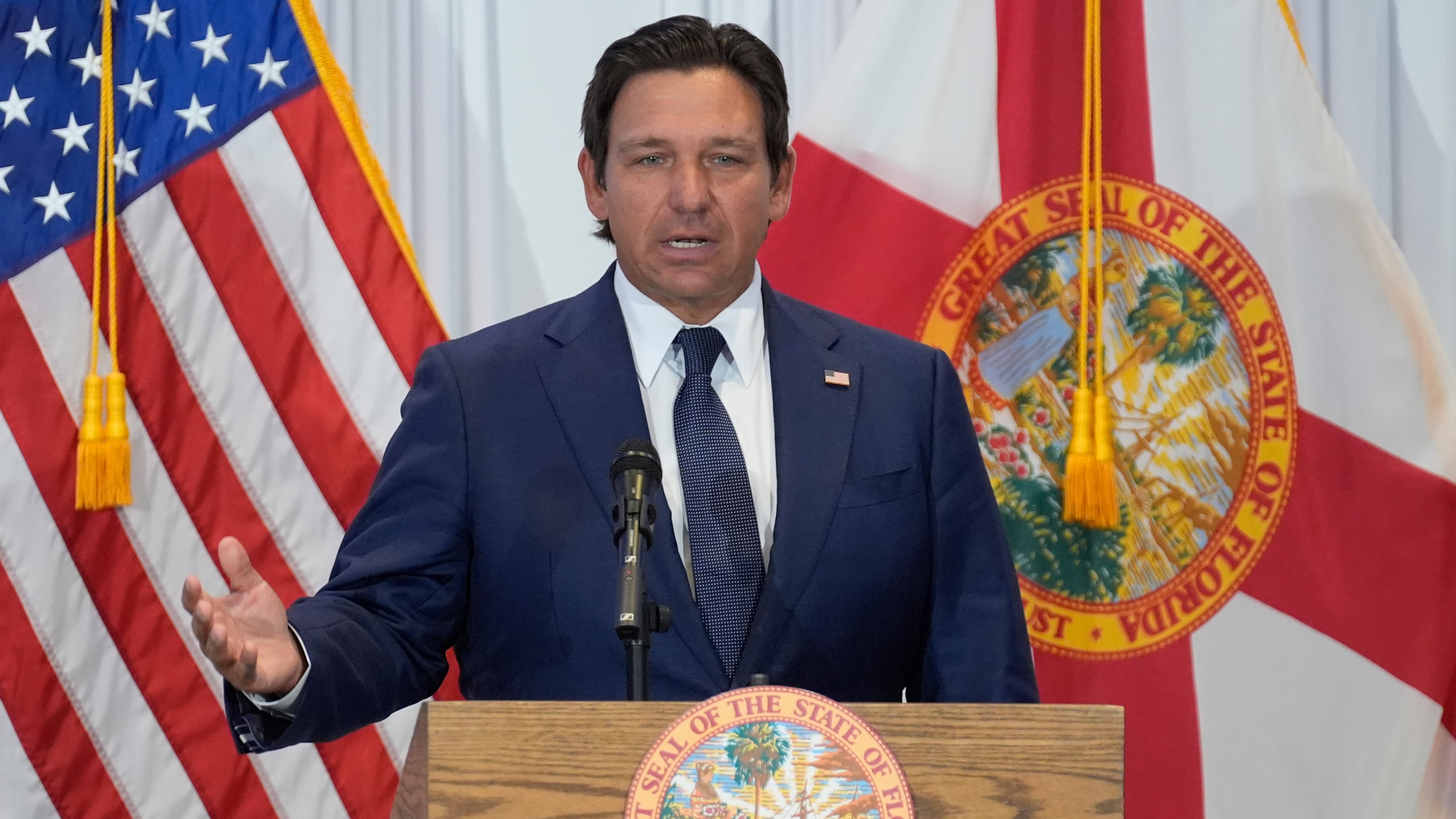 FILE - Florida Gov. Ron DeSantis speaks during a news conference Aug. 12, 2025, in Tampa, Fla. (AP Photo/Chris O'Meara, File)