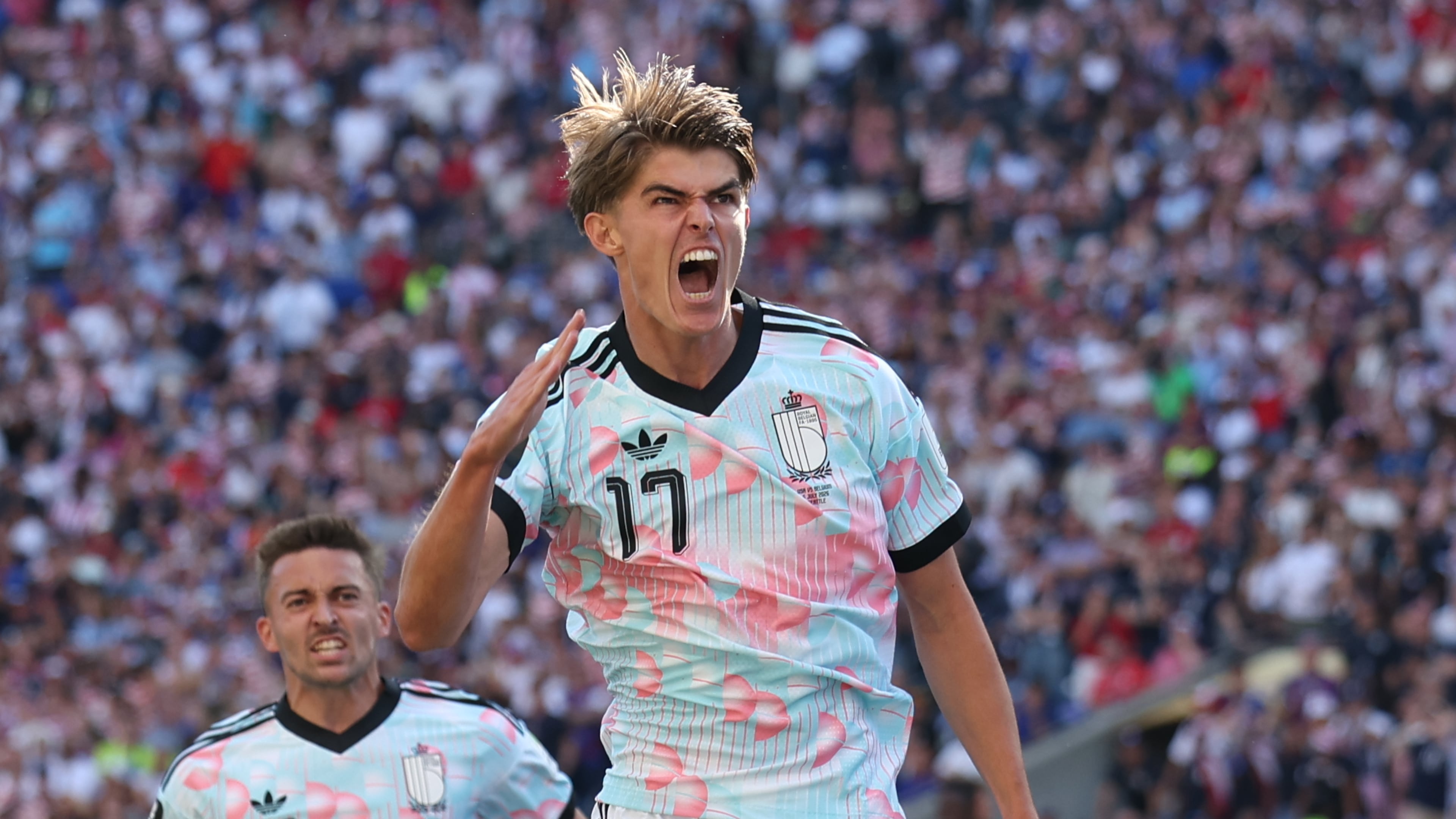 Belgium's Charles De Ketelaere (17) celebrates after scoring his side's opening goal during the World Cup round of 16 soccer match between the United States and Belgium in Seattle, Monday, July 6, 2026. (AP Photo/Maddy Grassy)