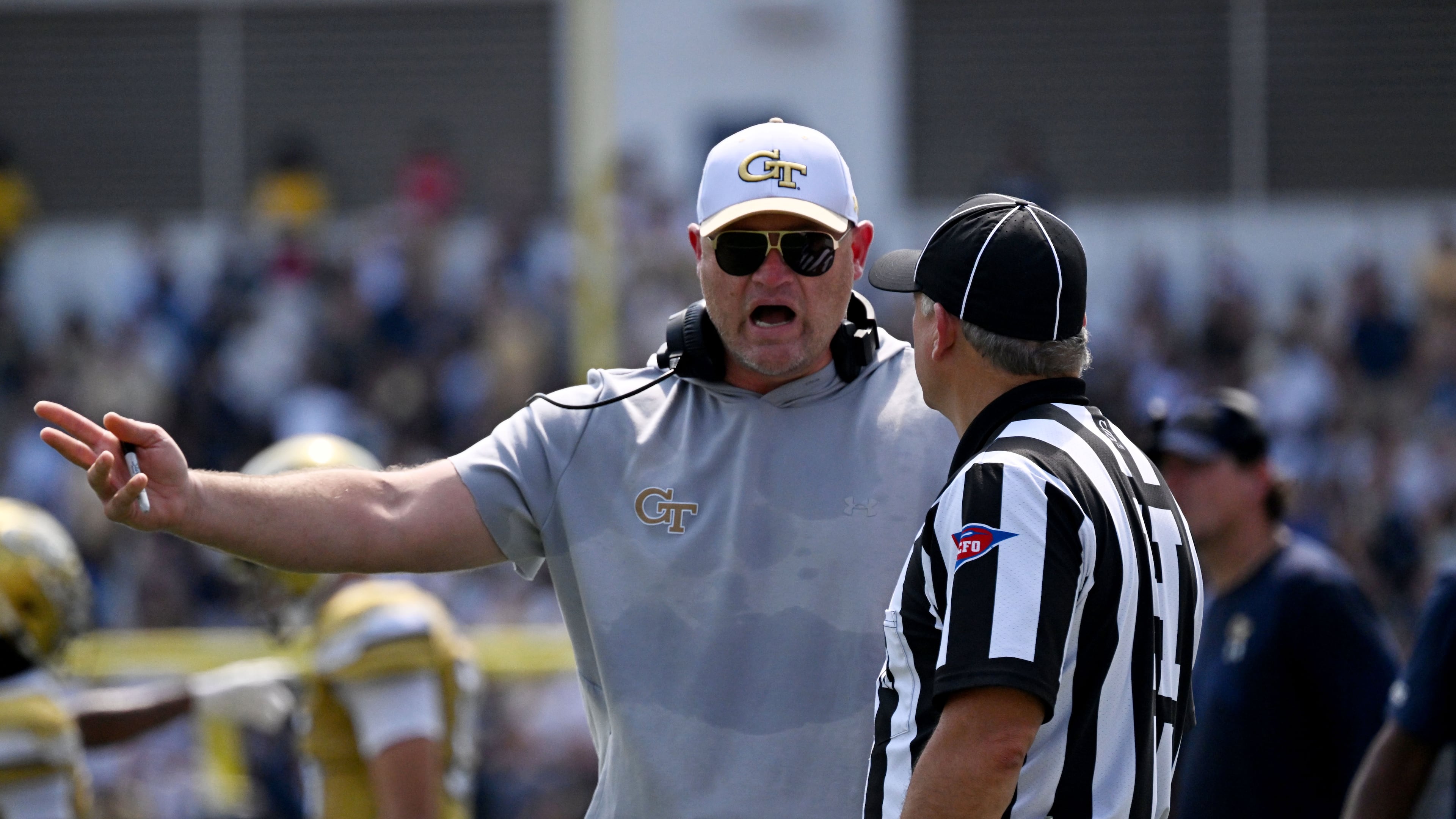 Georgia Tech head coach Brent Key appeals to a referee during the first half in an NCAA college football game at Bobby Dodd Stadium on Saturday, Sept. 19, 2026, in Atlanta. (Hyosub Shin/AJC)