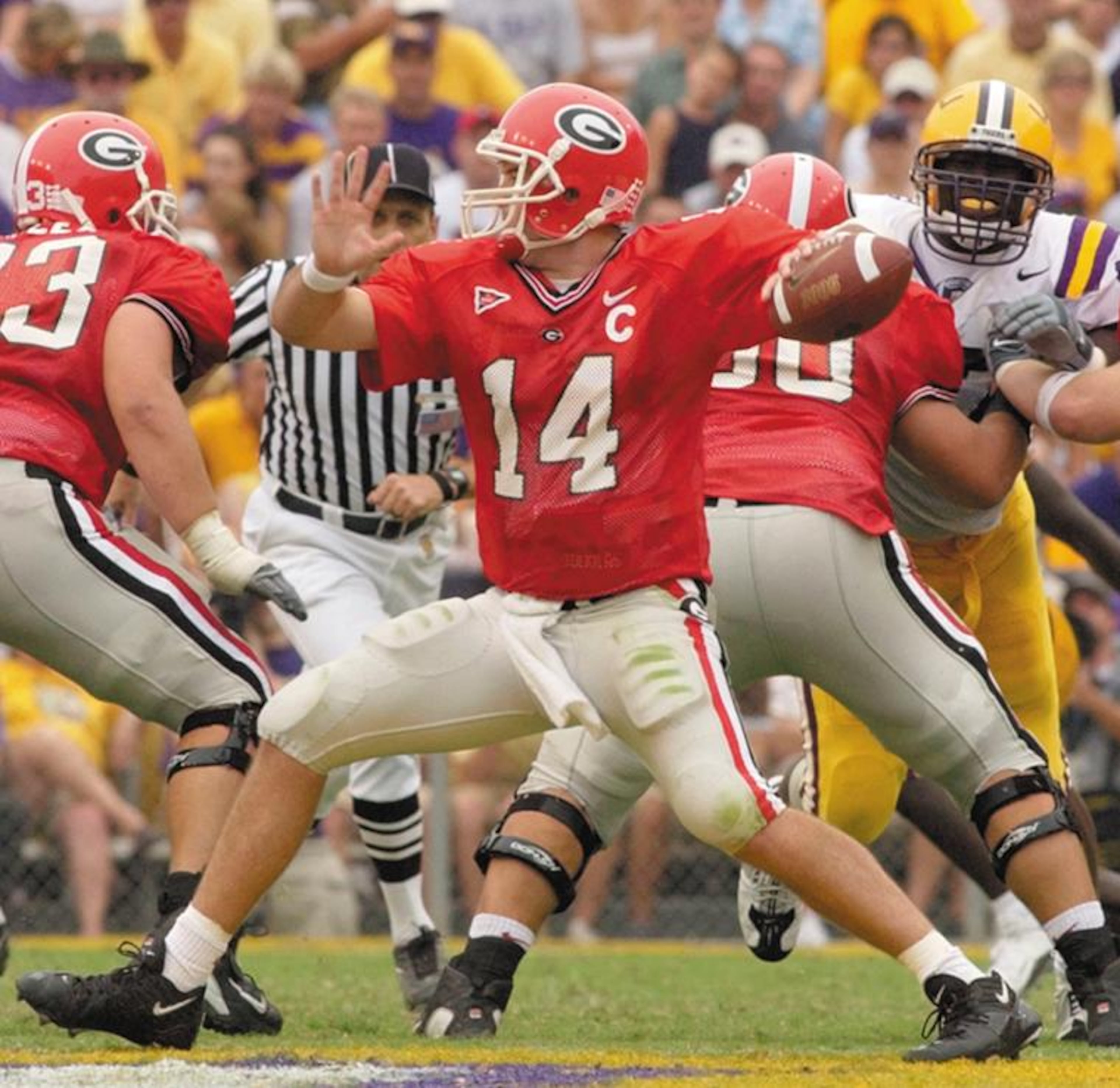 (11) LSU 17, (7) Georgia 10, in Baton Rouge, La.: LSU quarterback Matt Mauck hit Skylar Green instead of star receiver Michael Clayton on a 34-yard touchdown pass with 1:22 left that gave LSU a win over Georgia. LSU's win snapped the Bulldogs' nine-game road winning streak. Georgia had not lost on an opponent's field since Mark Richt became coach in 2001. Lee Corso's pick? LSU.
