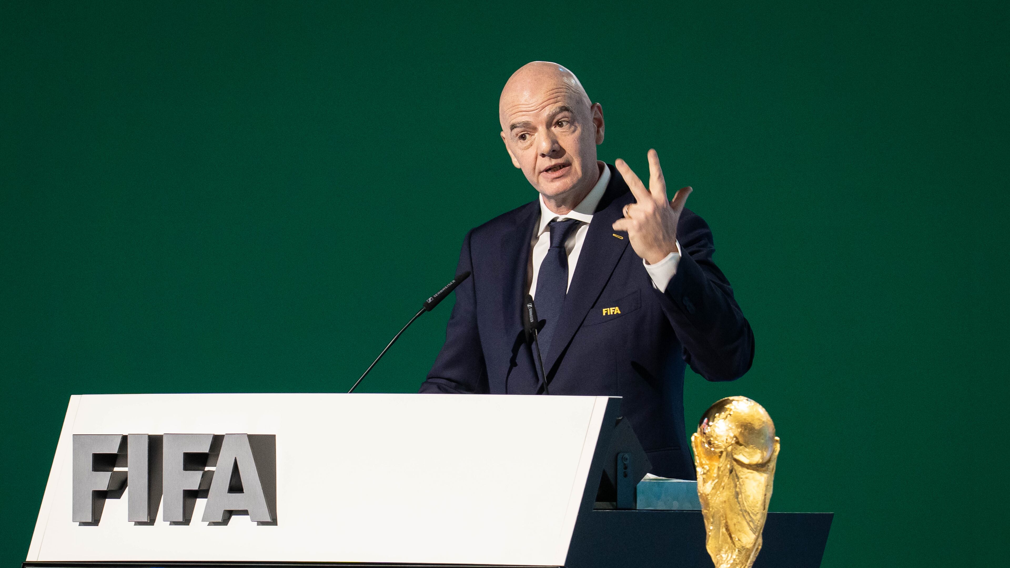 FIFA President Gianni Infantino speaks during the 76th FIFA Congress in Vancouver, British Columbia, Thursday, April 30, 2026. (Ethan Cairns/The Canadian Press via AP)