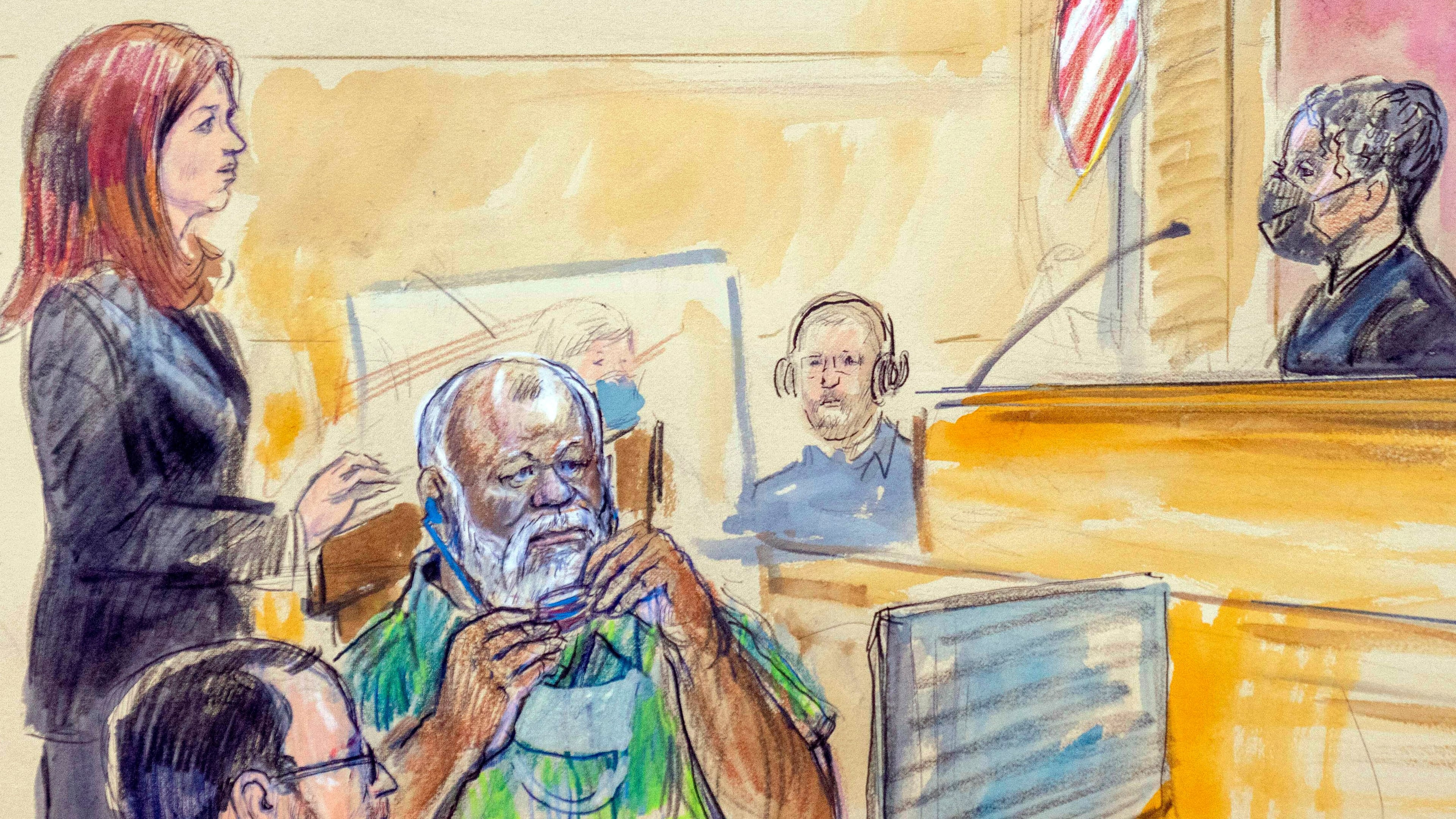 The artist sketch depicts Assistant U.S. Attorney Erik Kenerson, front left, watching as Whitney Minter, a public defender from the eastern division of Virginia, stands to represent Abu Agila Mohammad Mas'ud Kheir Al-Marimi, accused of making the bomb that brought down Pan Am Flight 103 over Lockerbie, Scotland, in 1988, in federal court in Washington, Dec. 12, 2022, as Magistrate Judge Robin Meriweather listens. (Dana Verkouteren via AP)