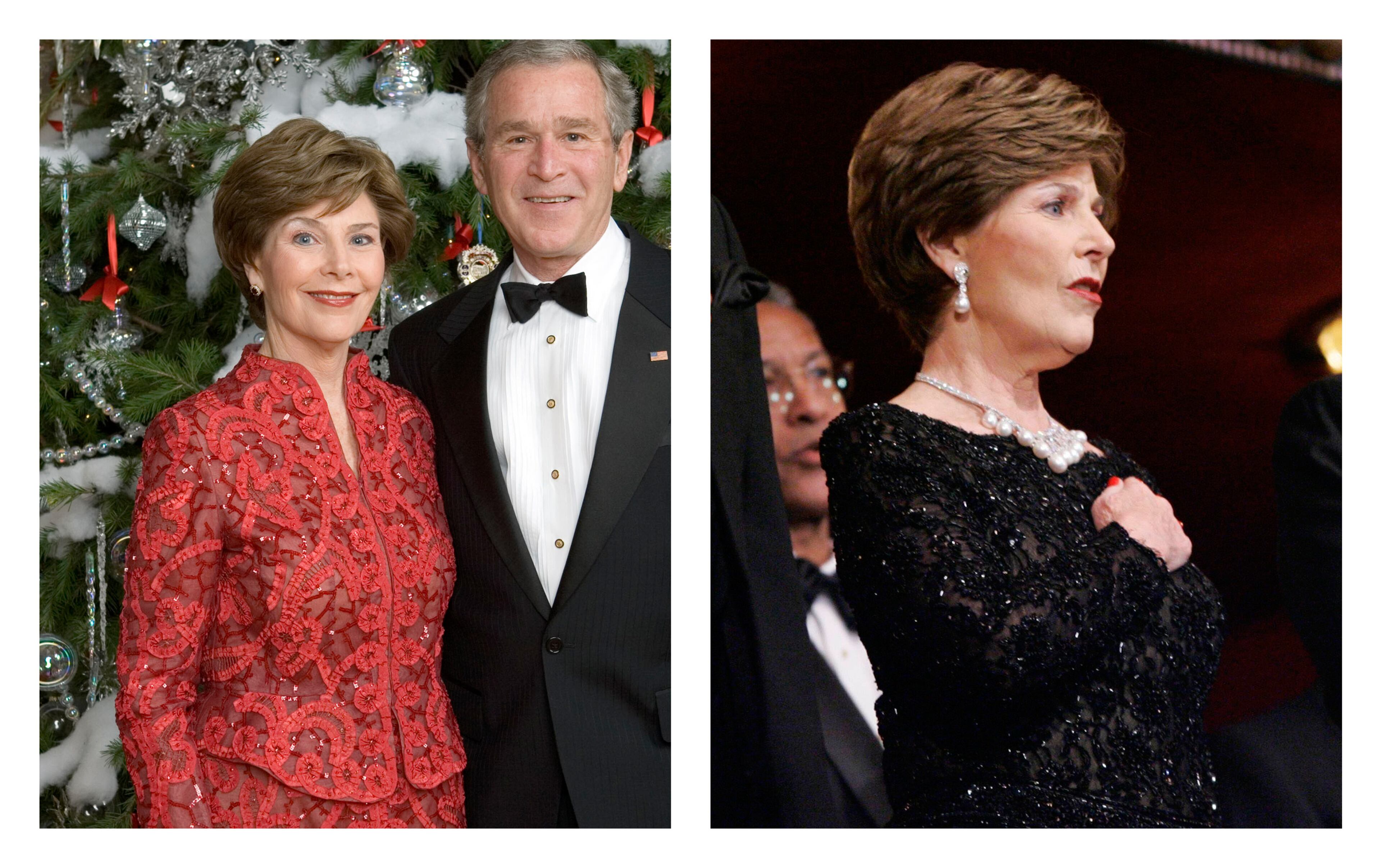 This two-picture combo of a handout photo released by the White House, taken Dec. 3, 2006 at the White House in Washington, left, and a Dec. 3, 2006 file photo taken at the Kennedy Center in Washington, shows first lady Barbara Bush. Living in the White House definitely has its perks, but a clothing allowance is not one of them. First ladies feel all sorts of pressure to project a fashionable look, and over the decades they�ve tried a range of cash-saving strategies to pull it off without going broke. Mrs. Bush wrote in her memoir that she quickly changed clothes that night after three women arrived for a White House reception wearing the same red gown as hers. (AP Photo/White House, File)