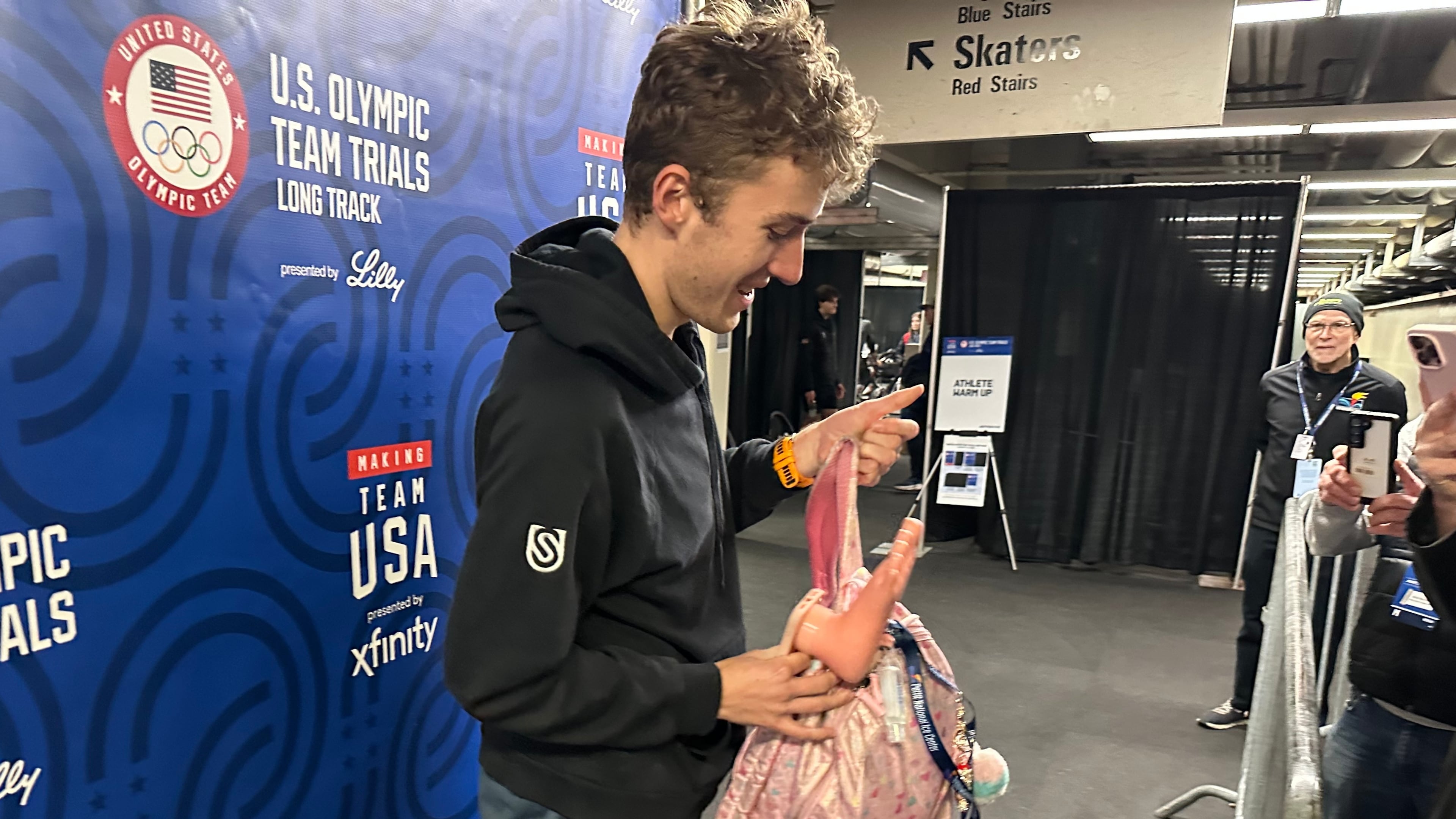 Speedskater Casey Dawson of Park City, Utah, speaks to the media at the U.S. Olympic trials for long track speedskating at the Pettit National Ice Center in Milwaukee, Jan. 4, 2026. (AP Photo/Howard Fendrich)