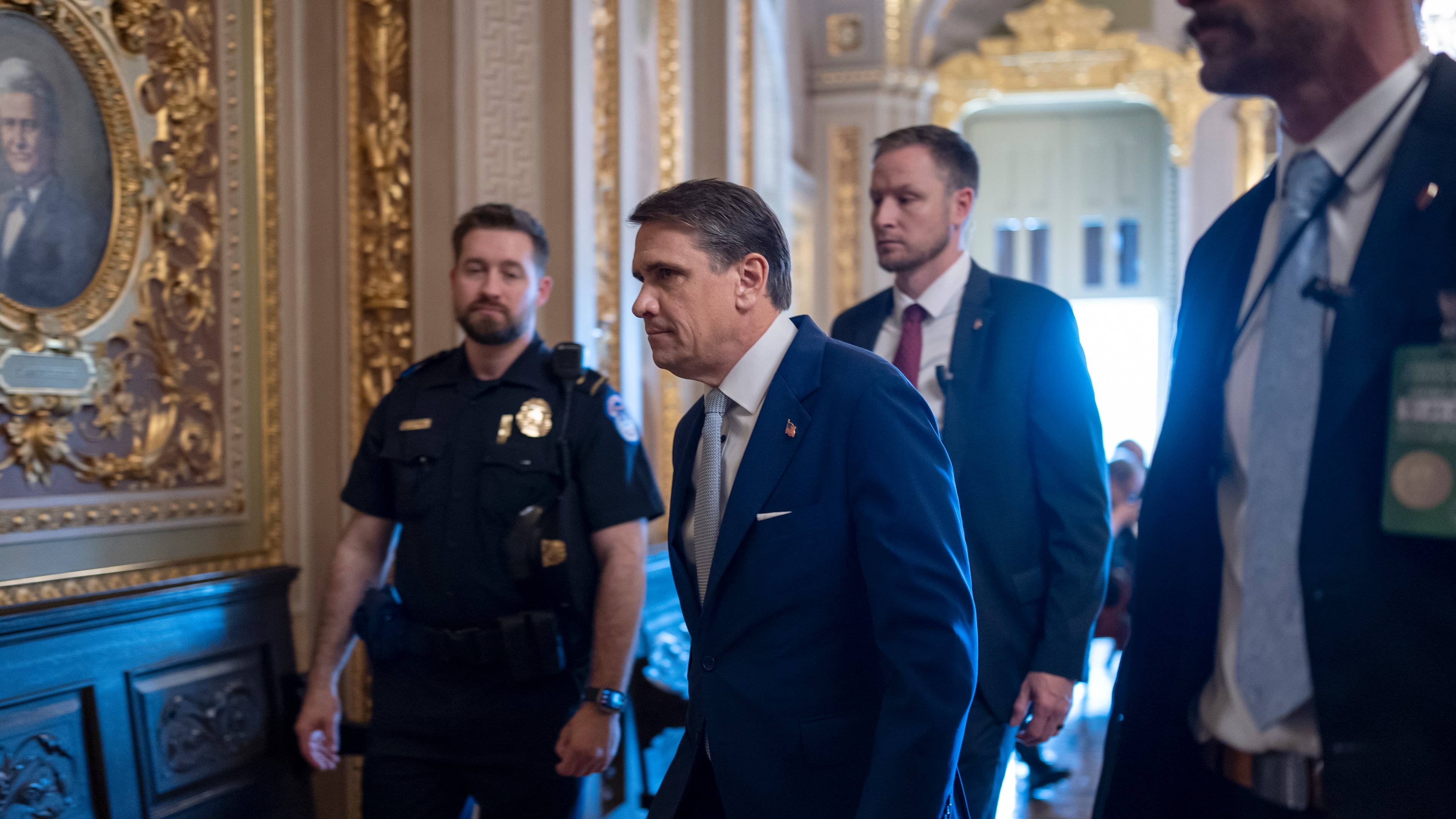 Acting Attorney General Todd Blanche arrives for a closed-door meeting with Republican senators who are expected to abandon a proposal for $1 billion in security money for the White House complex and President Donald Trump's ballroom after it has failed to win enough party support, at the Capitol in Washington, Thursday, May 21, 2026. (AP Photo/J. Scott Applewhite)