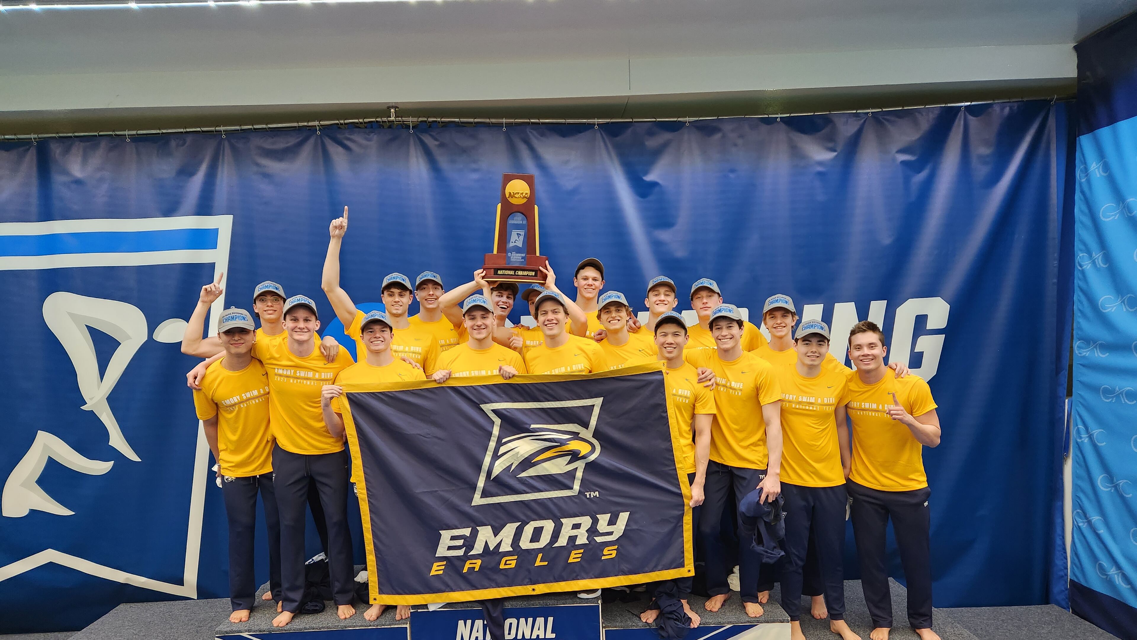The Emory University men’s swimming & diving team, behind Jason Hamilton and Jake Meyer, repeated as NCAA Division III champion Saturday in Greensboro, North Carolina. (Photo courtesy of Emory University)