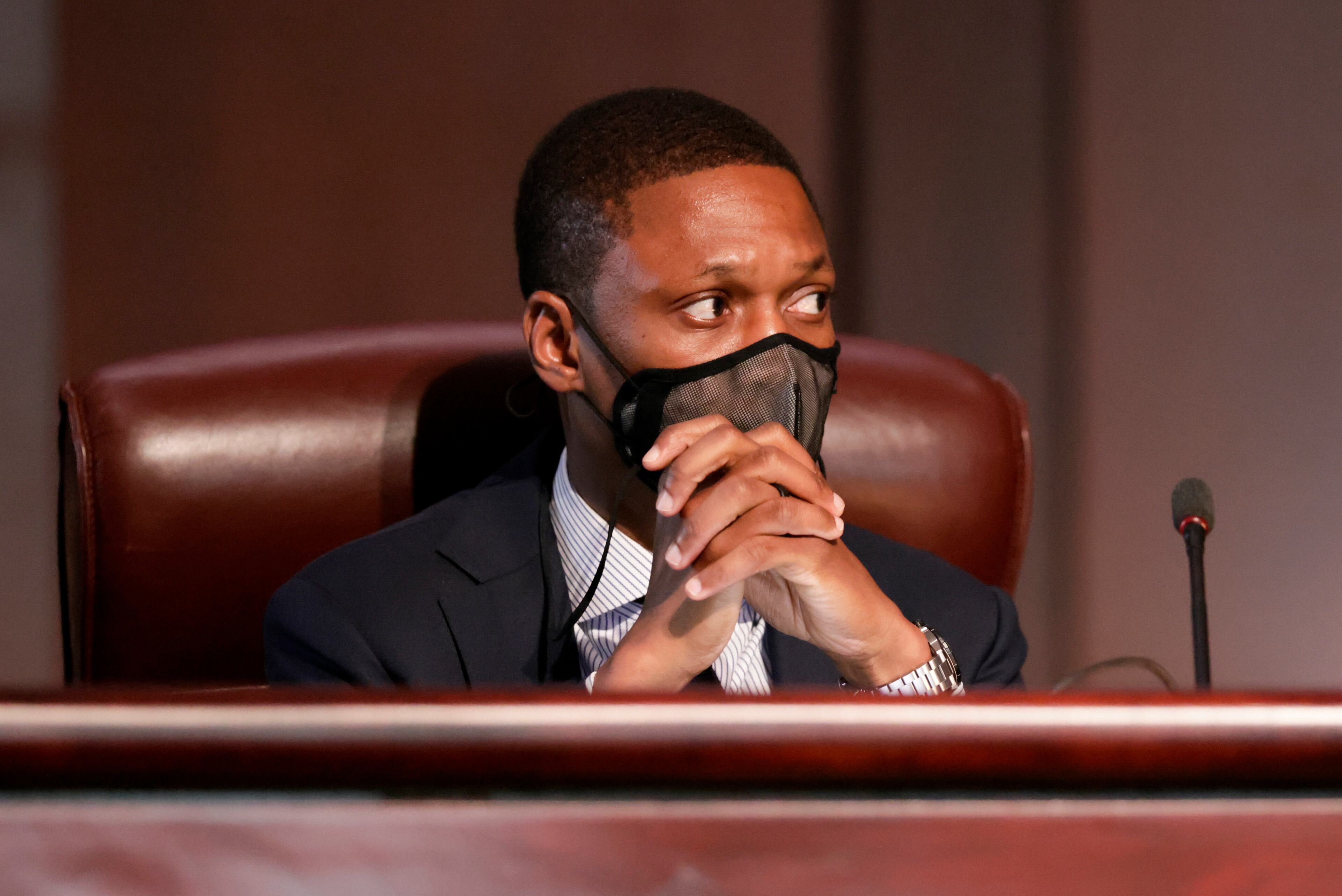Council member Jason Winston during discussion as the Atlanta City Council held their first in person meeting since they were suspended at start of the pandemic In Atlanta on Monday, March 21, 2022. (Bob Andres / robert.andres@ajc.com)
