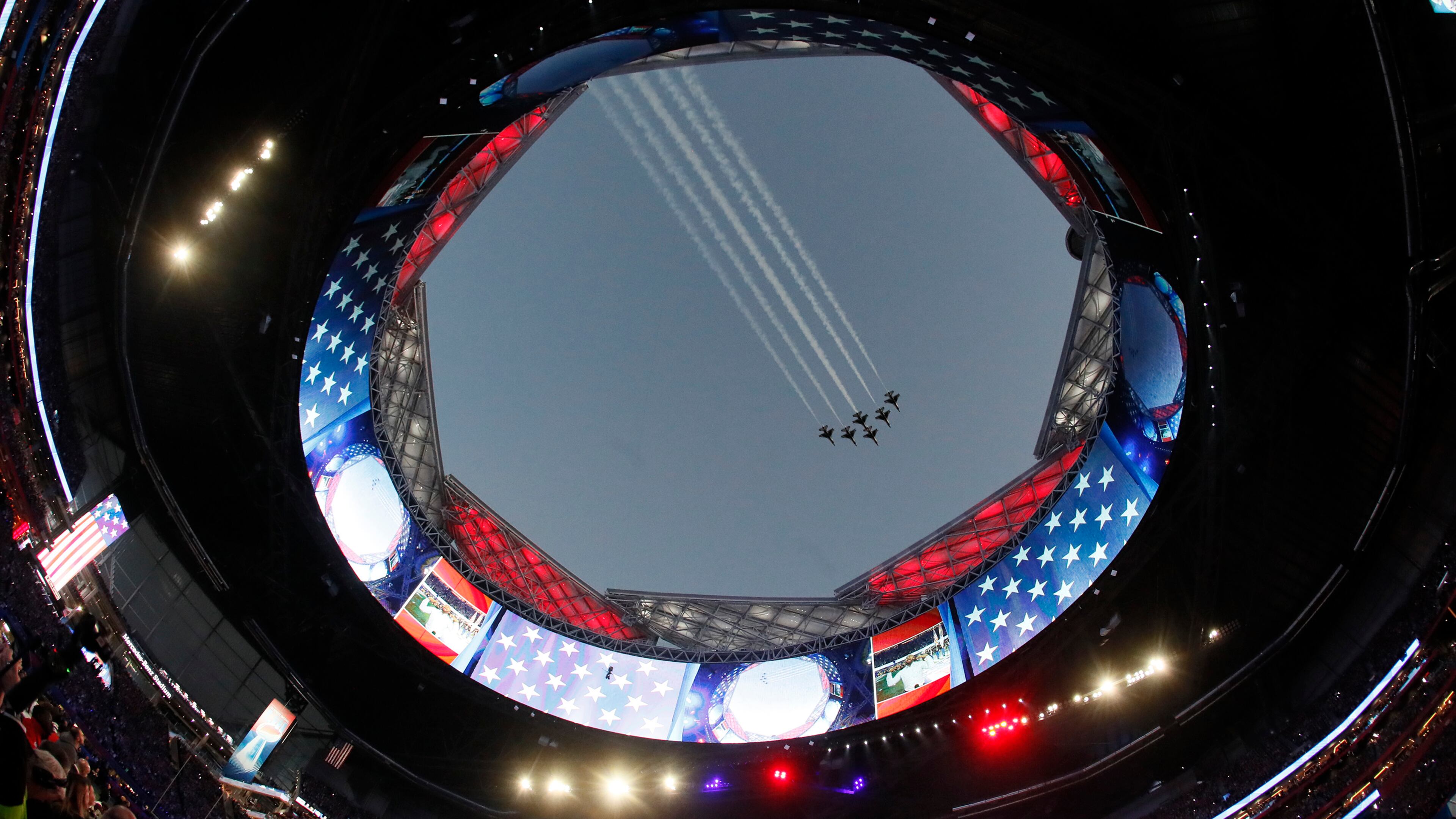 2/3/19 - Atlanta - Military jets flyover before the New England Patriots play the Los Angeles Rams in Super Bowl LIII on Sunday, Feb. 3, 2019 at Mercedes-Benz Stadium in Atlanta, Ga. Bob Andres / bandres@ajc.com