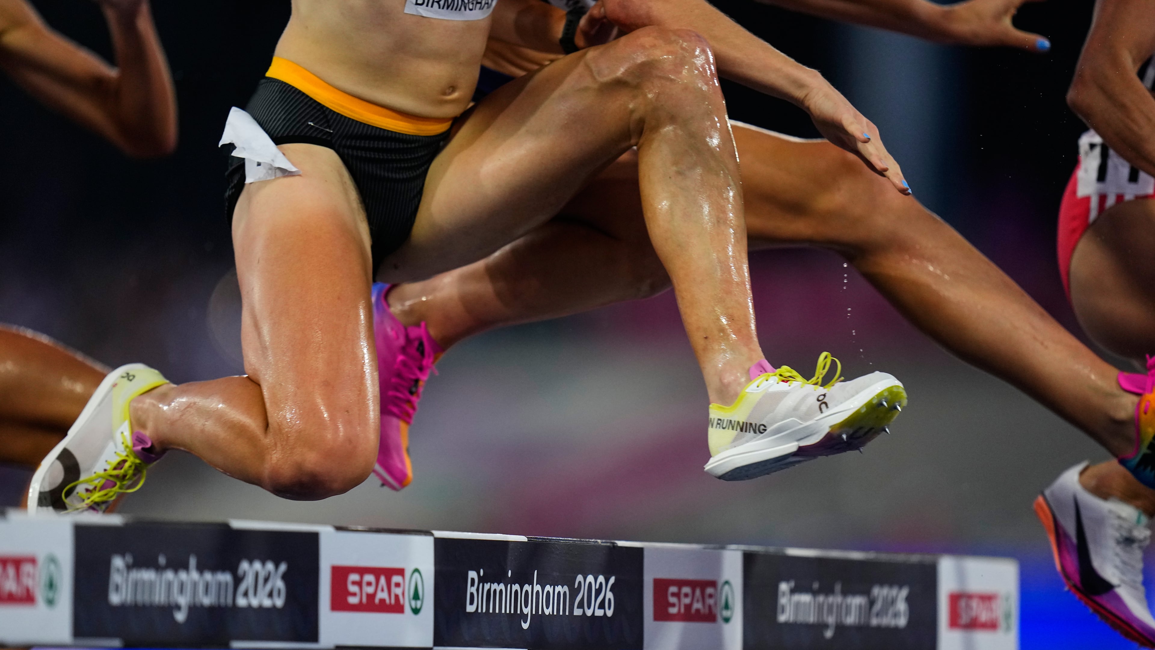 Athletes clear a barrier during the women's 3,000 meters steeplechase final at the European Athletics Championships in Birmingham, England, Thursday, Aug. 13, 2026. (AP Photo/Petr David Josek)