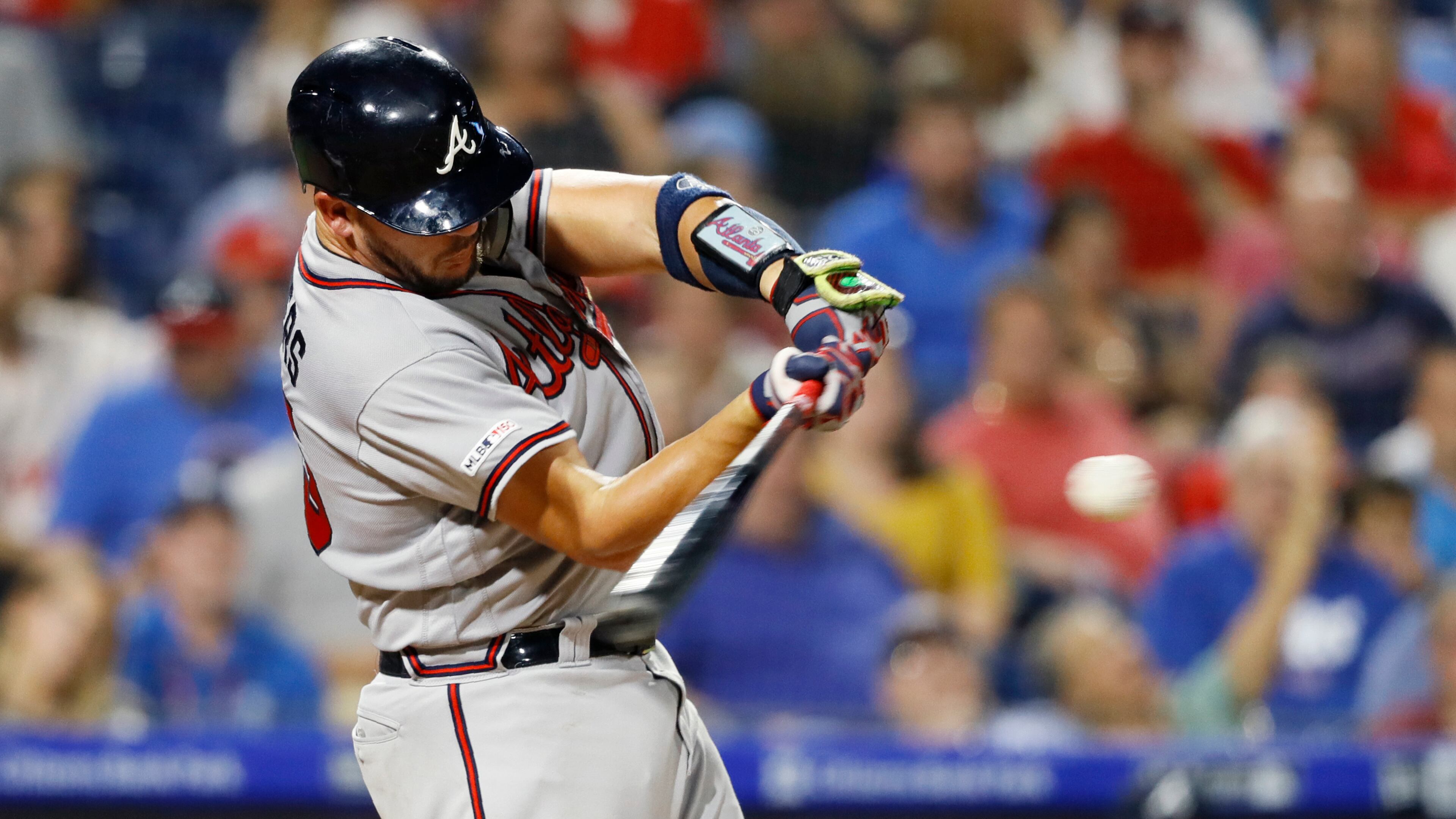 Atlanta Braves' Tyler Flowers hits a three-run home run off Philadelphia Phillies starting pitcher Zach Eflin during the fourth inning of a baseball game Wednesday, Sept. 11, 2019, in Philadelphia. (AP Photo/Matt Slocum)