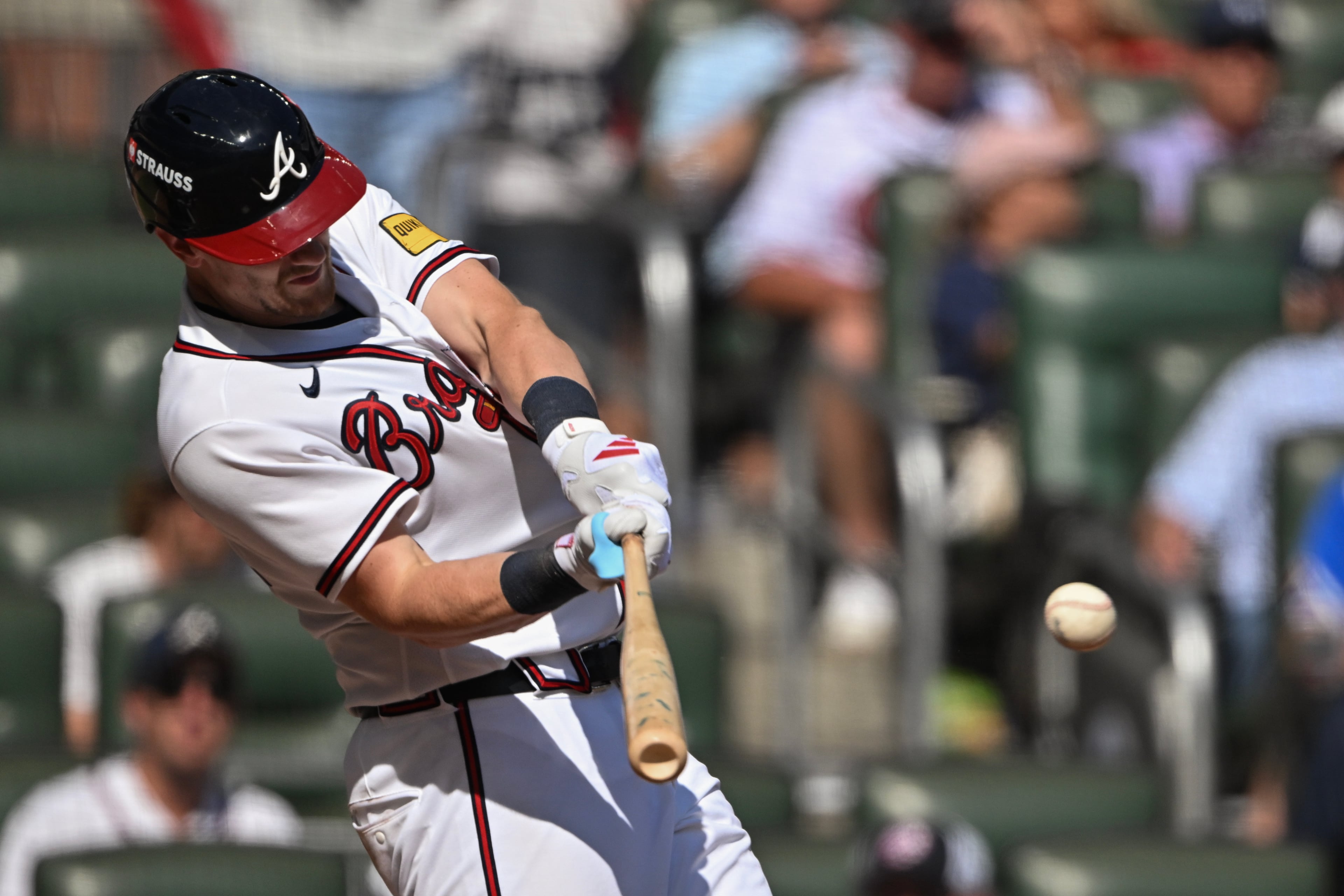 Braves catcher Sean Murphy hits a double against the Phillies during Game 2 of their NL Wild Card Series on Wednesday, Sept. 30, 2026, at Truist Park in Atlanta. (Hyosub Shin/AJC)