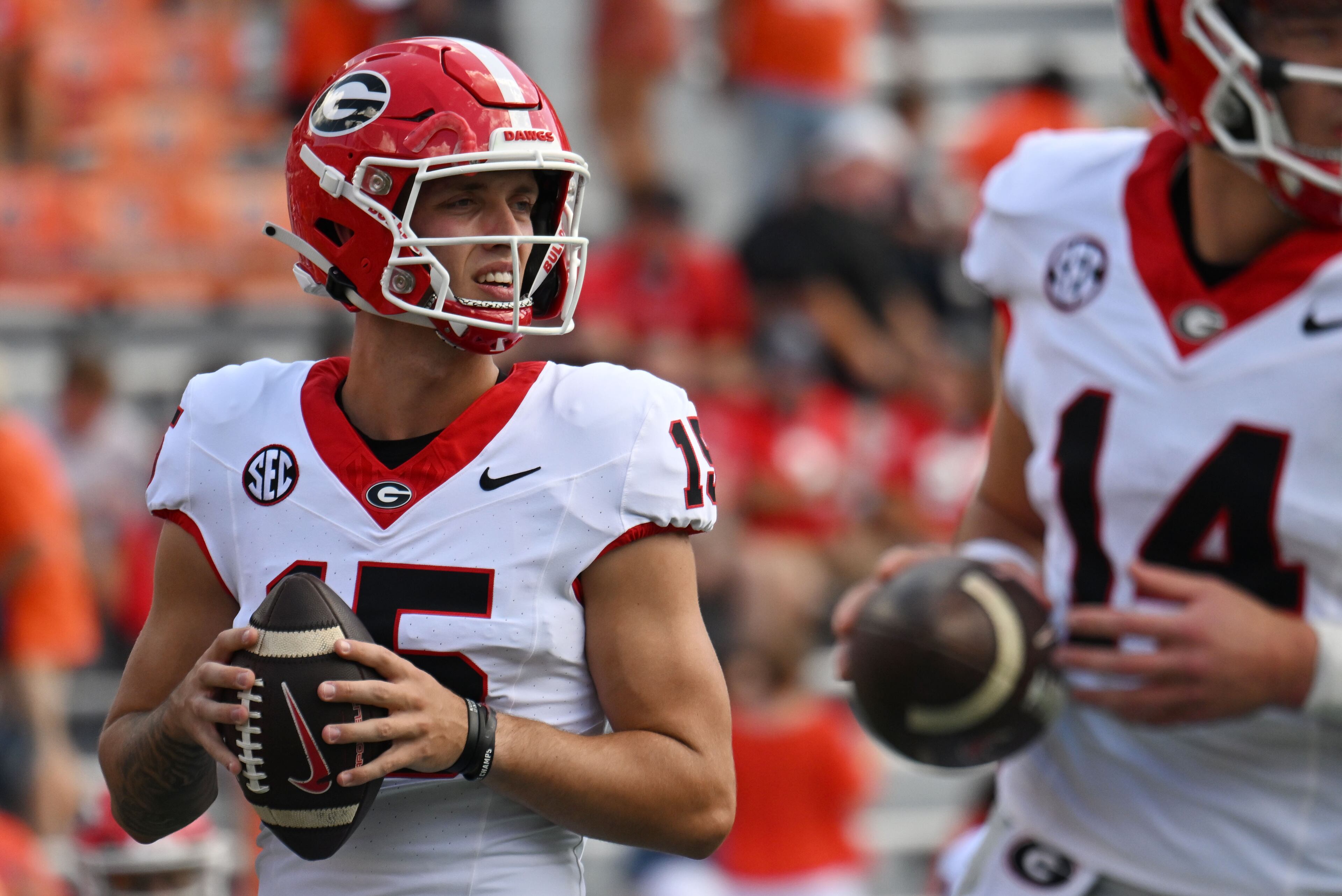 Georgia quarterback Carson Beck prepares to throw during pregame workout before their game against Auburn at Jordan-Hare Stadium, Saturday, Sept. 30, 2023, in Auburn, Alabama. (Hyosub Shin / Hyosub.Shin@ajc.com)