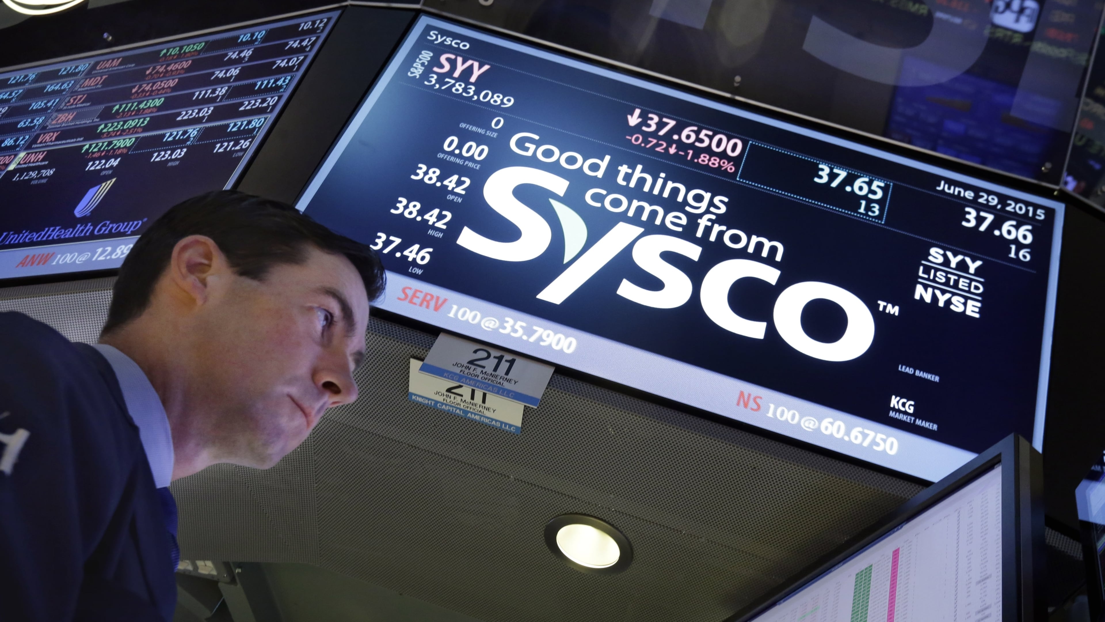 FILE - Specialist John McNierney works at the post that handles Sysco, on the floor of the New York Stock Exchange, Monday, June 29, 2015. (AP Photo/Richard Drew, file)