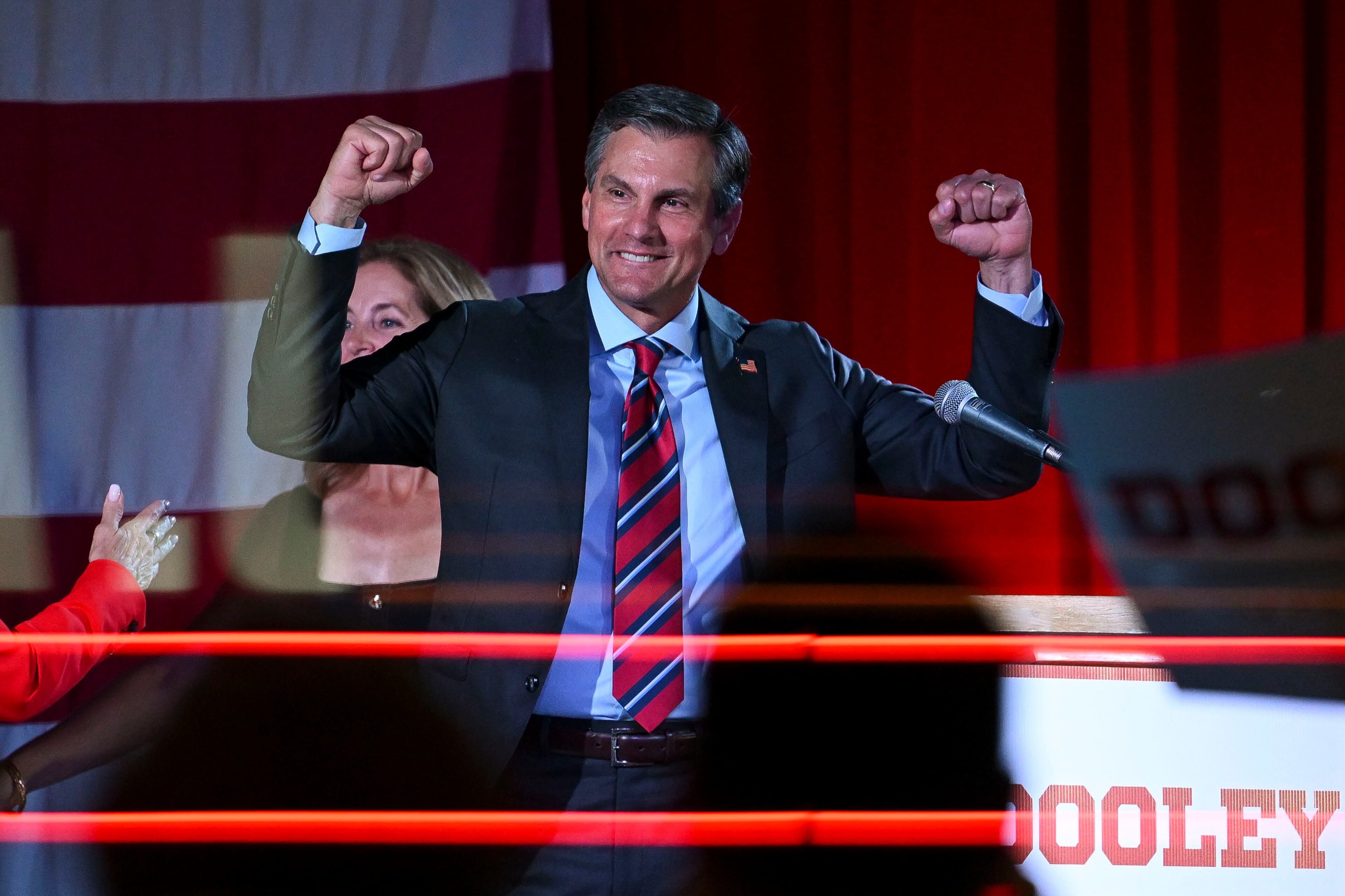 Republican gubernatorial candidate Derek Dooley greets supporters at his election night party Tuesday, May 19, 2026, in Atlanta. (Daniel Varnado for the AJC)