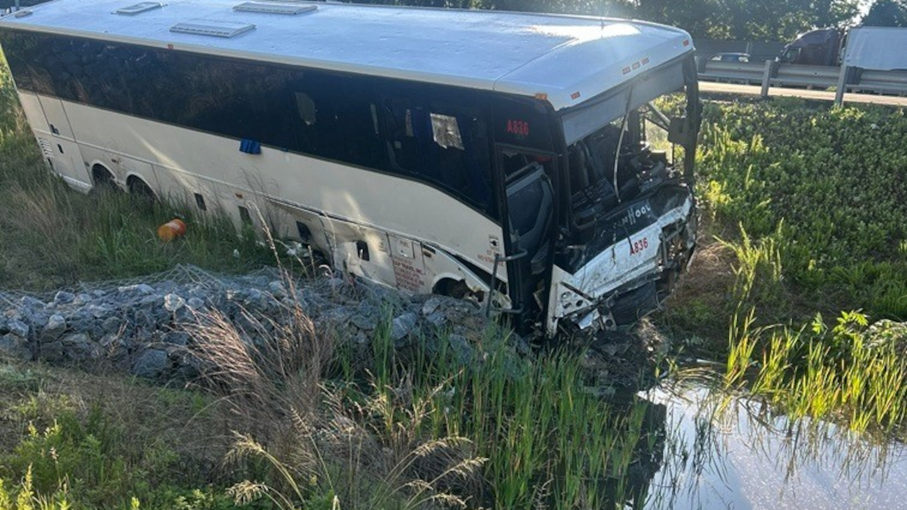 This photo, provided by the Virginia State Police, shows the scene of a fatal accident involving a passenger bus on Interstate 95 in near Quantico, Va., on Friday, May 29, 2026. (Virginia State Police via AP)