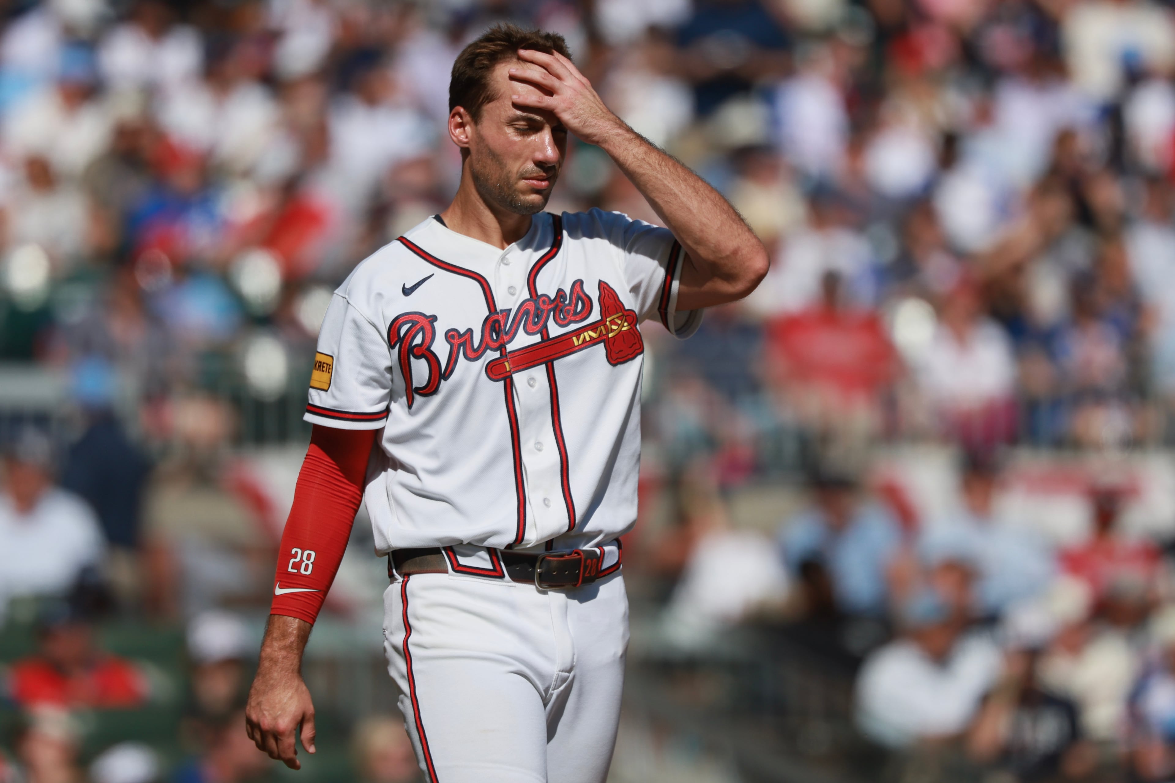 Atlanta Braves' Matt Olson reacts after hitting a ground out to end the fifth inning of Game 1 of a MLB National League Wild Card playoff series between the Atlanta Braves and the Philadelphia Phillies, Tuesday, Sept. 29, 2026, in Atlanta. (Jason Getz/AJC)