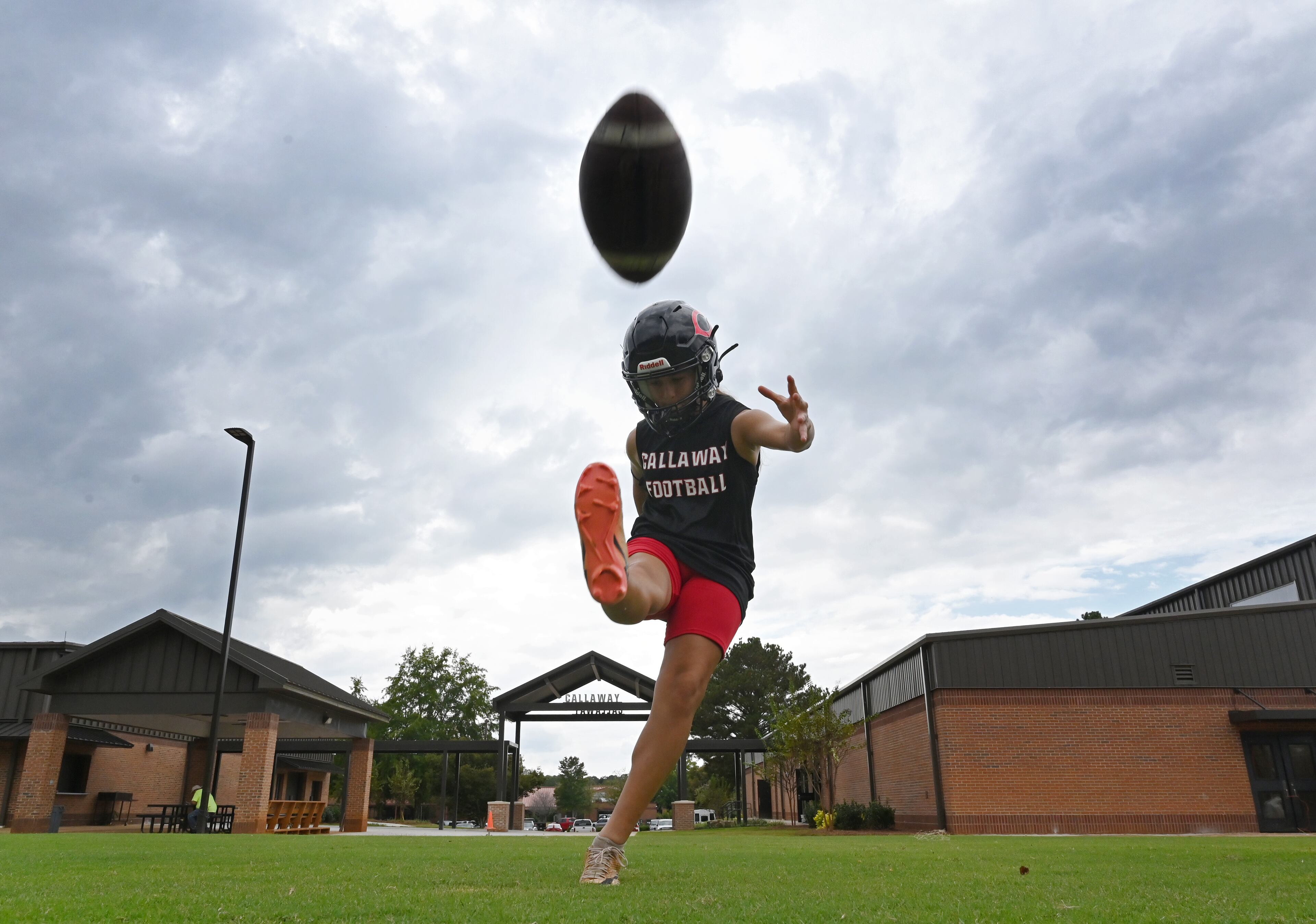Callaway High’s Mia Flores, who is the first female football player in the school’s history, practices on Thursday, Sept. 25, 2025, in Hogansville. (Hyosub Shin/AJC)