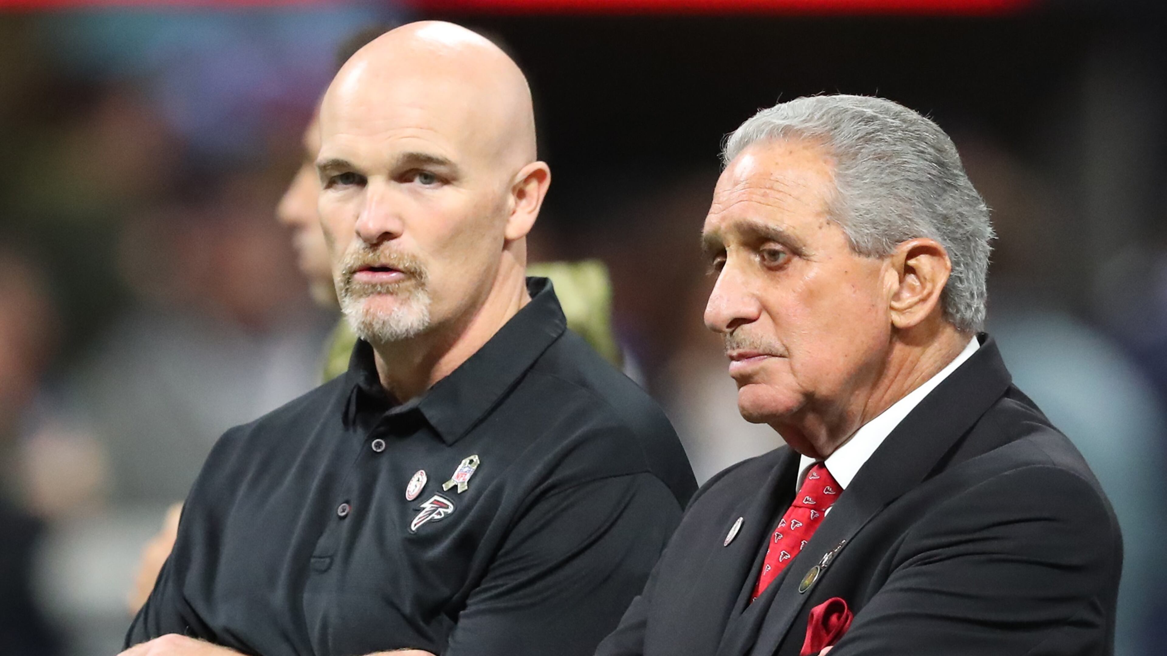 November 12, 2017 Atlanta : Falcons head coach Dan Quinn and owner Arthur Blank confer before playing the Cowboys in a NFL football game on Sunday, November 12, 2017, in Atlanta. Curtis Compton/ccompton@ajc.com
