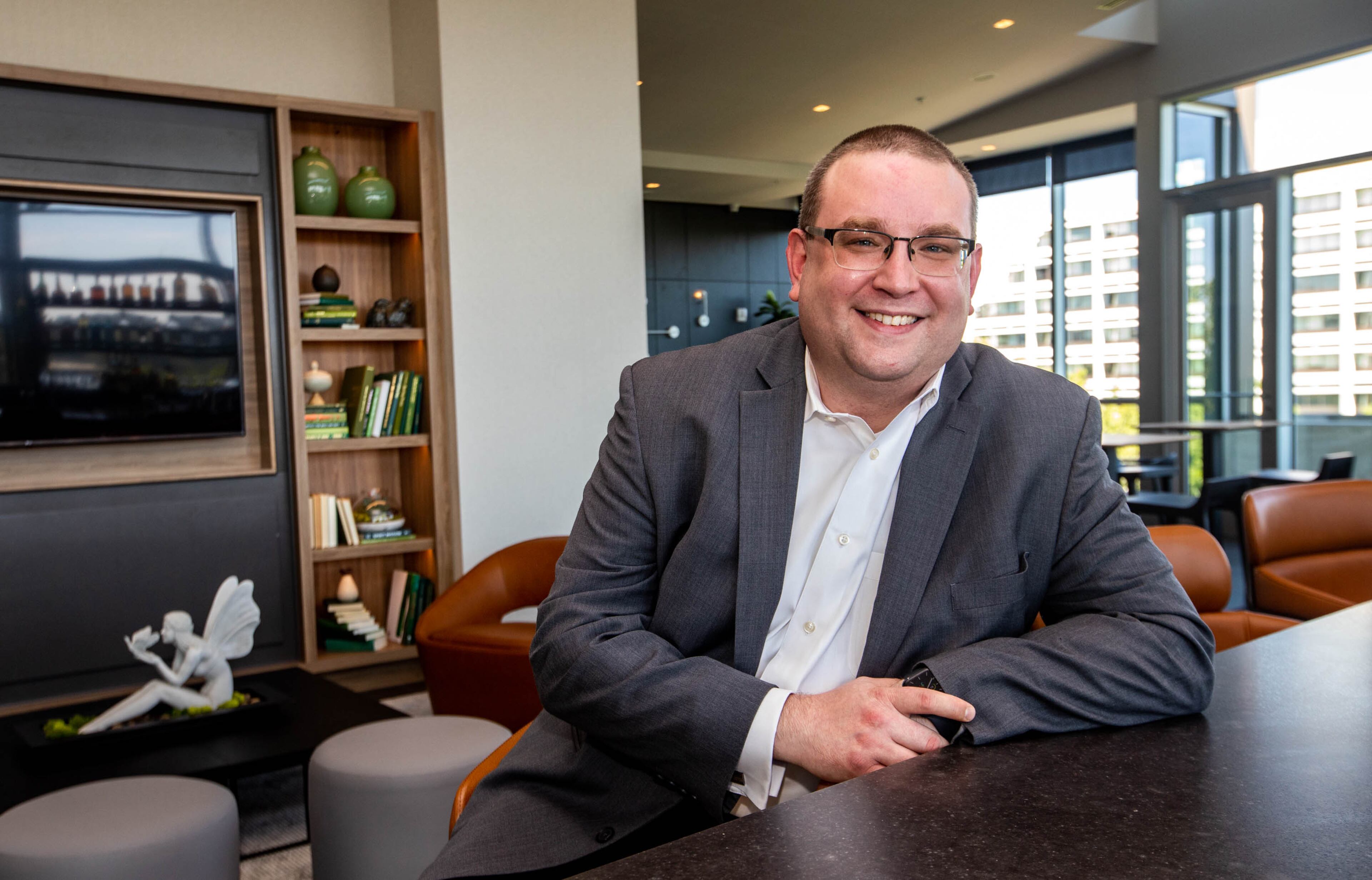 Adam Hill is the General Manager of the new AC Hotel Atlanta Perimeter. The hotel’s roof-top bar, Bar Peri opens in early October 2021 with several signature cocktails, tapas bites and a view. Photos taken on Tuesday, Sept 28, 2021. (Jenni Girtman for The Atlanta Journal-Constitution)