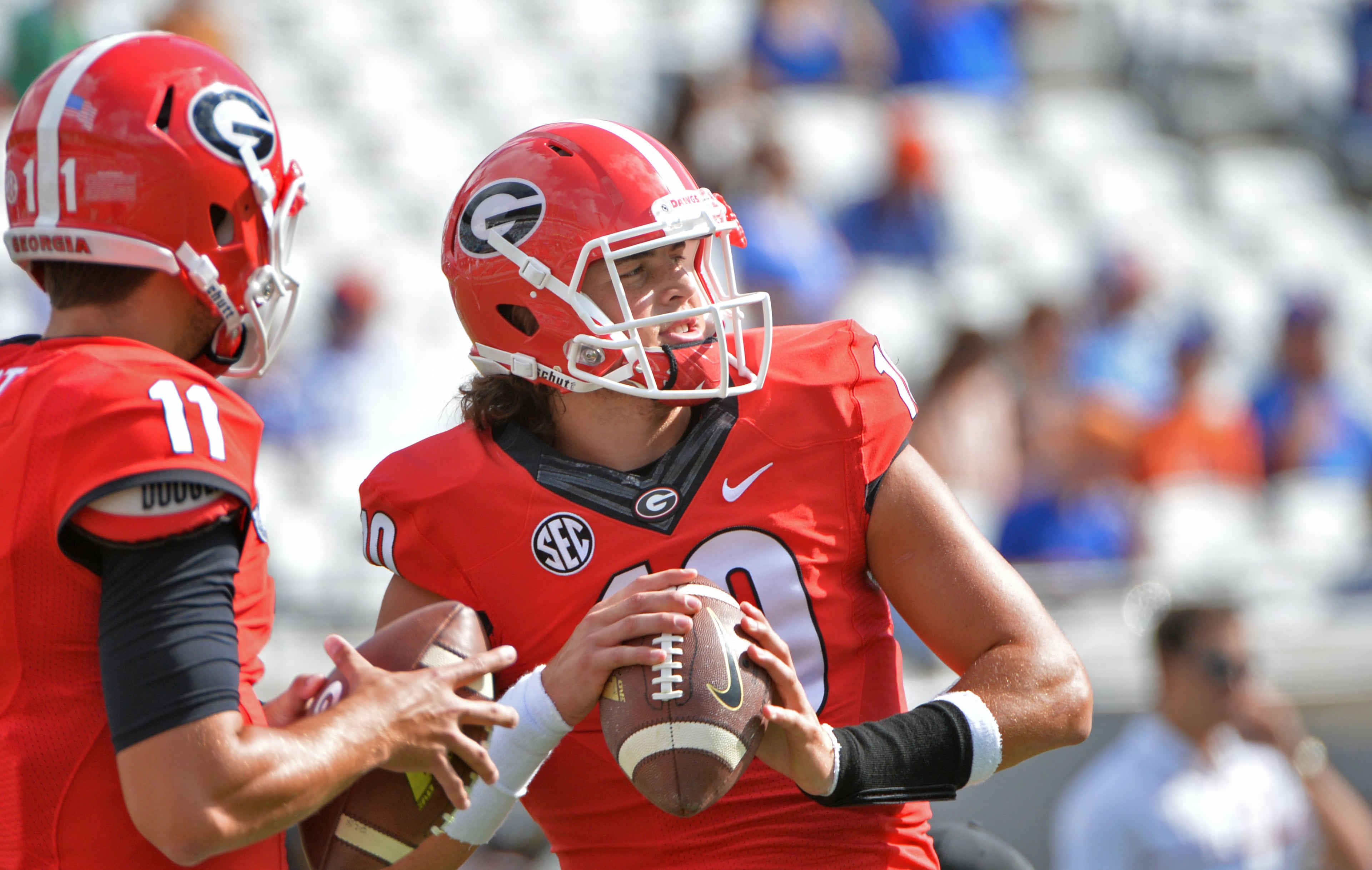 October 29, 2016 Jacksonville, Fla. - Georgia quarterback Jacob Eason (10) throws during pre-game warm-up before their game against the Florida Gators at EverBank Field on Saturday, October 29, 2016. HYOSUB SHIN / HSHIN@AJC.COM