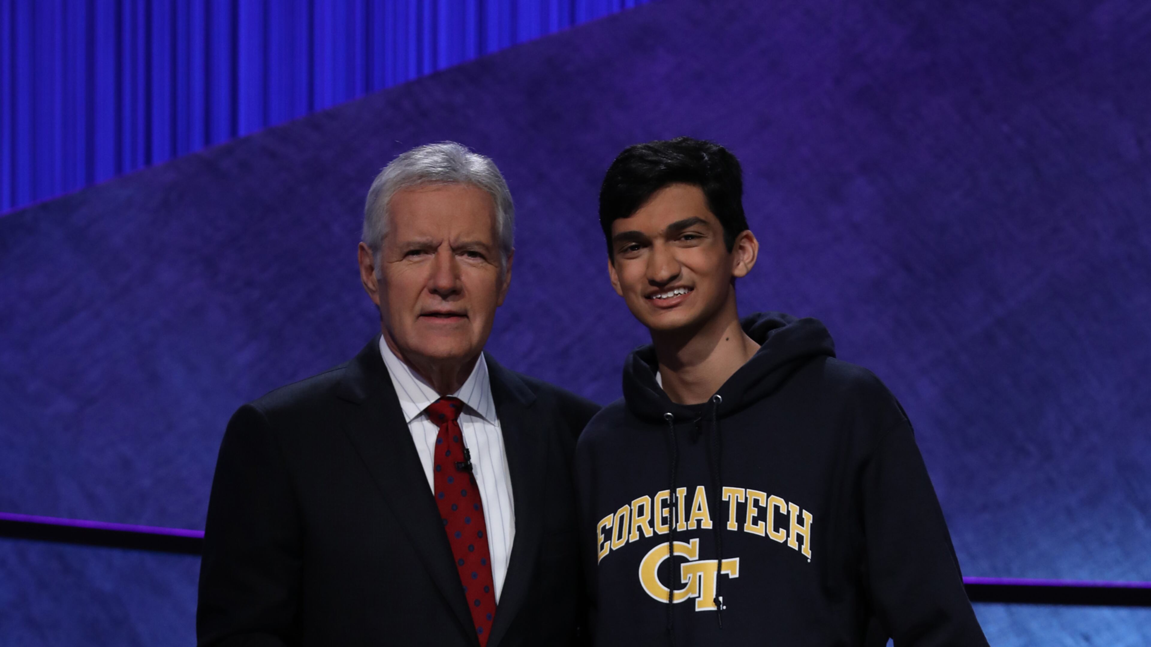 Host Alex Trebek with Georgia Tech freshman Rishab Jain