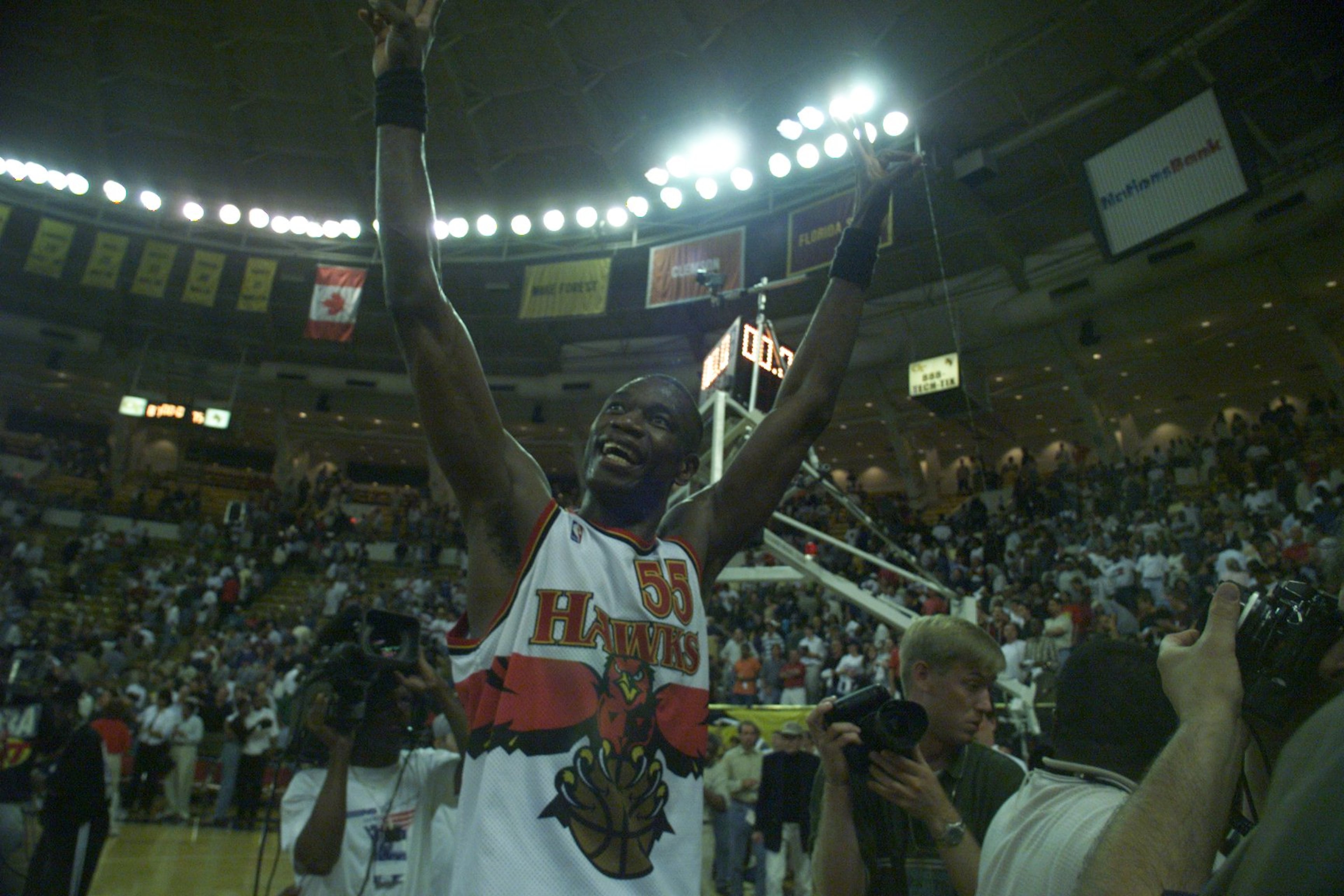 Hawks v. Pistons-NBA Playoffs, first round, game 5 at Alexander Memorial May 16, 1999. Dikembe Mutombo at the end of the game. Atlanta beat Detroit 87-75.