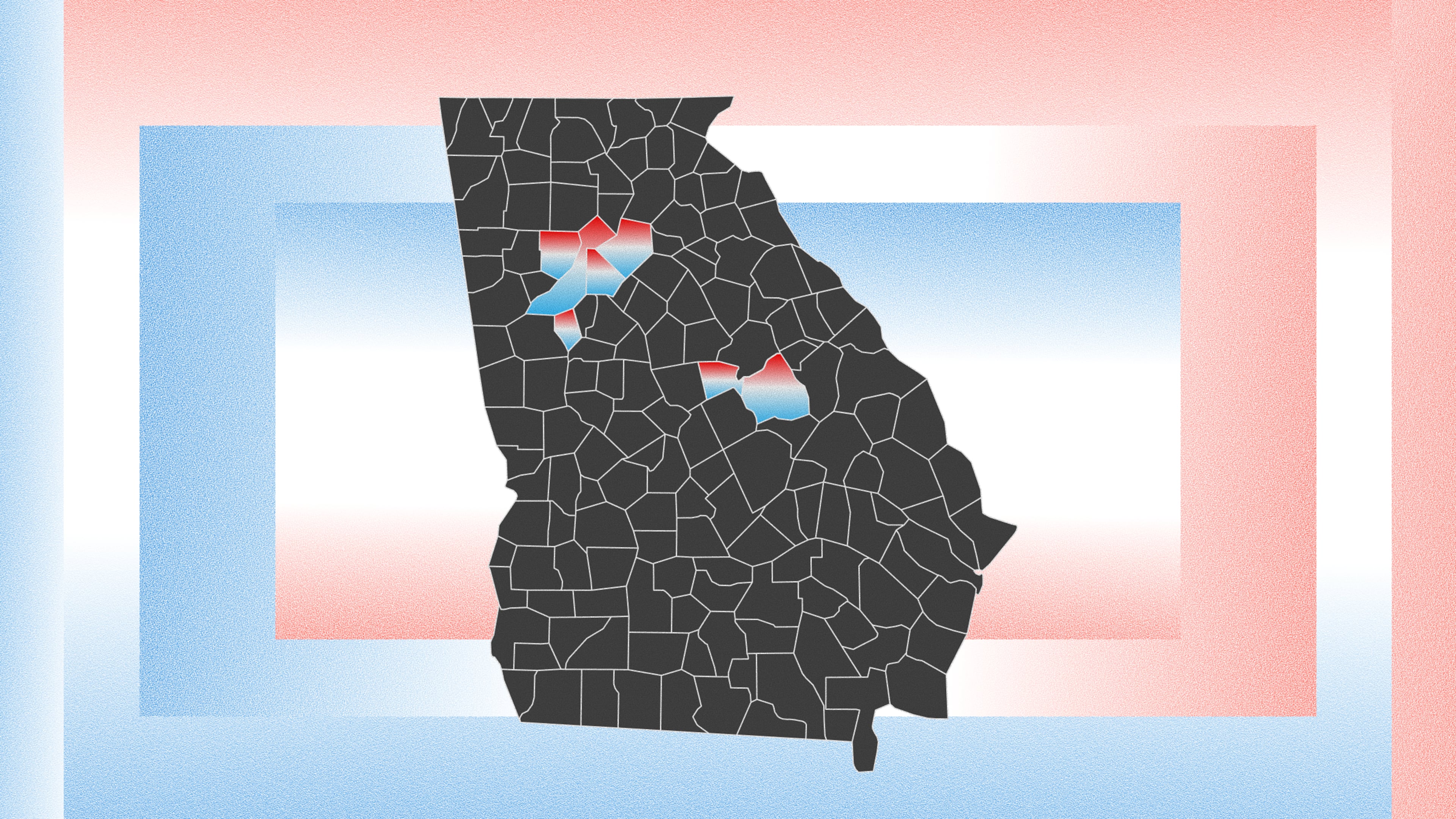 The race for governor between Rick Jackson and Keisha Lance Bottoms could hinge on politically divided counties in middle Georgia (center) and Democratic strongholds in metro Atlanta (top left). (Illustration: AJC | Source: Getty)