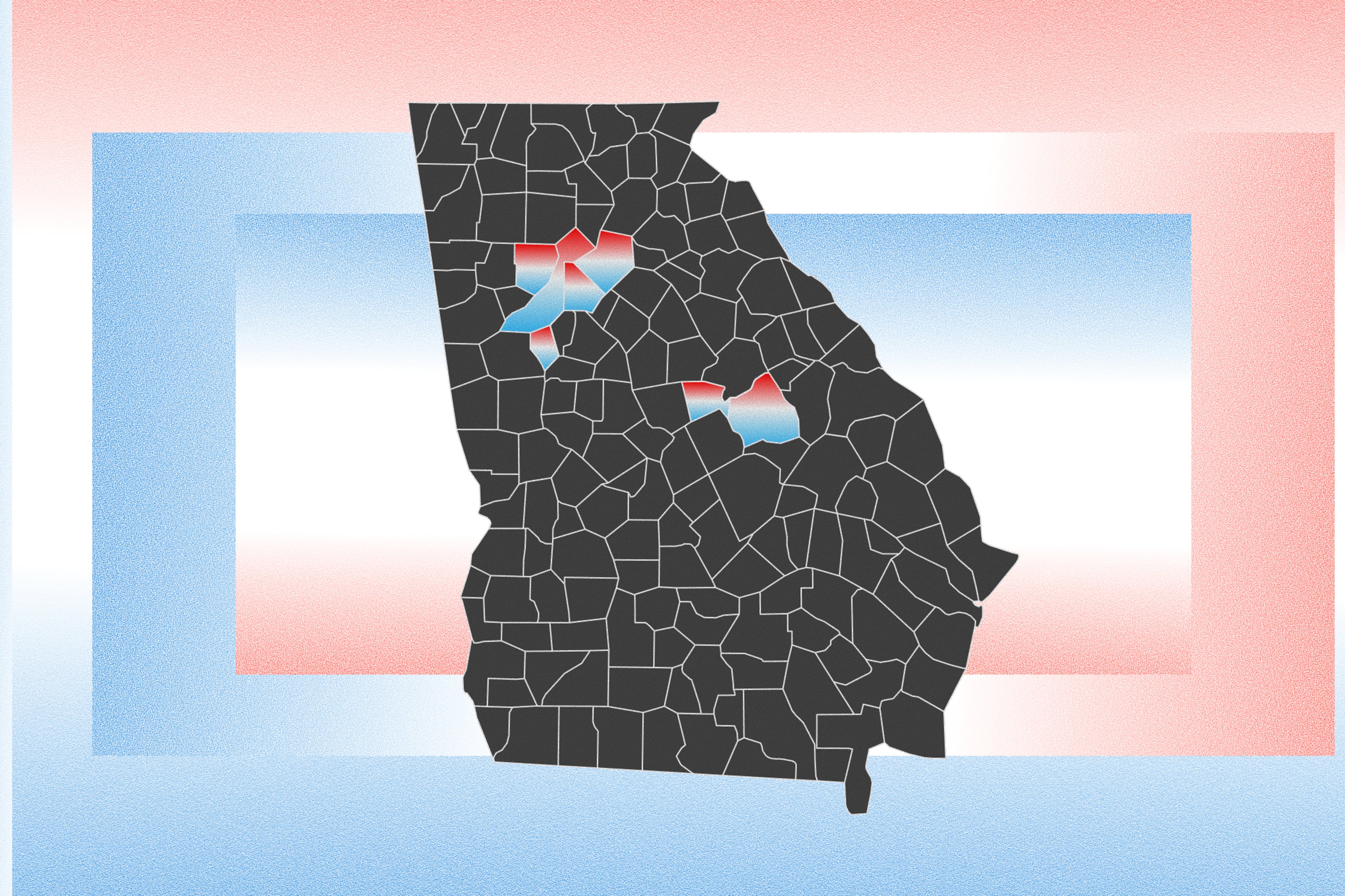 The race for governor between Rick Jackson and Keisha Lance Bottoms could hinge on politically divided counties in middle Georgia (center) and Democratic strongholds in metro Atlanta (top left). (Illustration: AJC | Source: Getty)