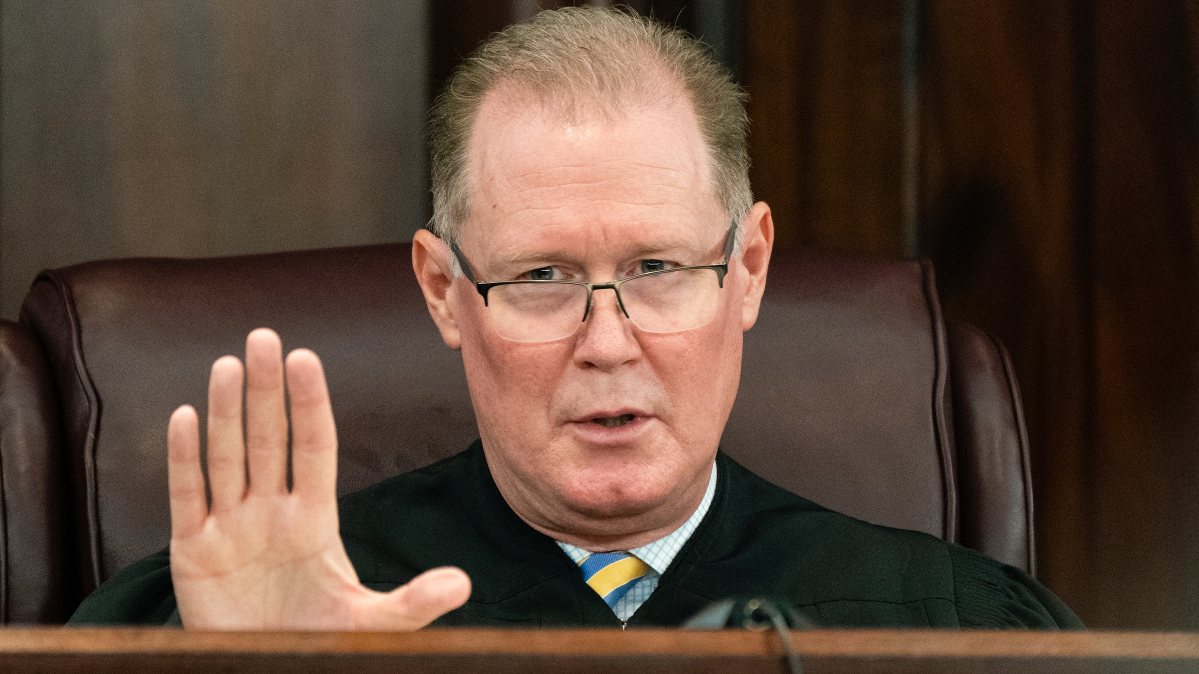 Judge Timothy Walmsley, pictured during a hearing in the Ahmaud Arbery murder case in October 2021, has resigned from the bench to join the Atlanta law firm Robbins Alloy Belinfante Littlefield. (Elijah Nouvelage/Pool Photo via AP)
